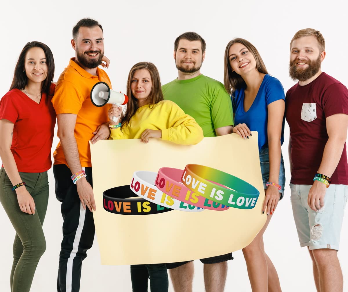 12-Pack Love is Love Silicone Wristband Bracelets - Rainbow Engraved Couple Bracelets with 