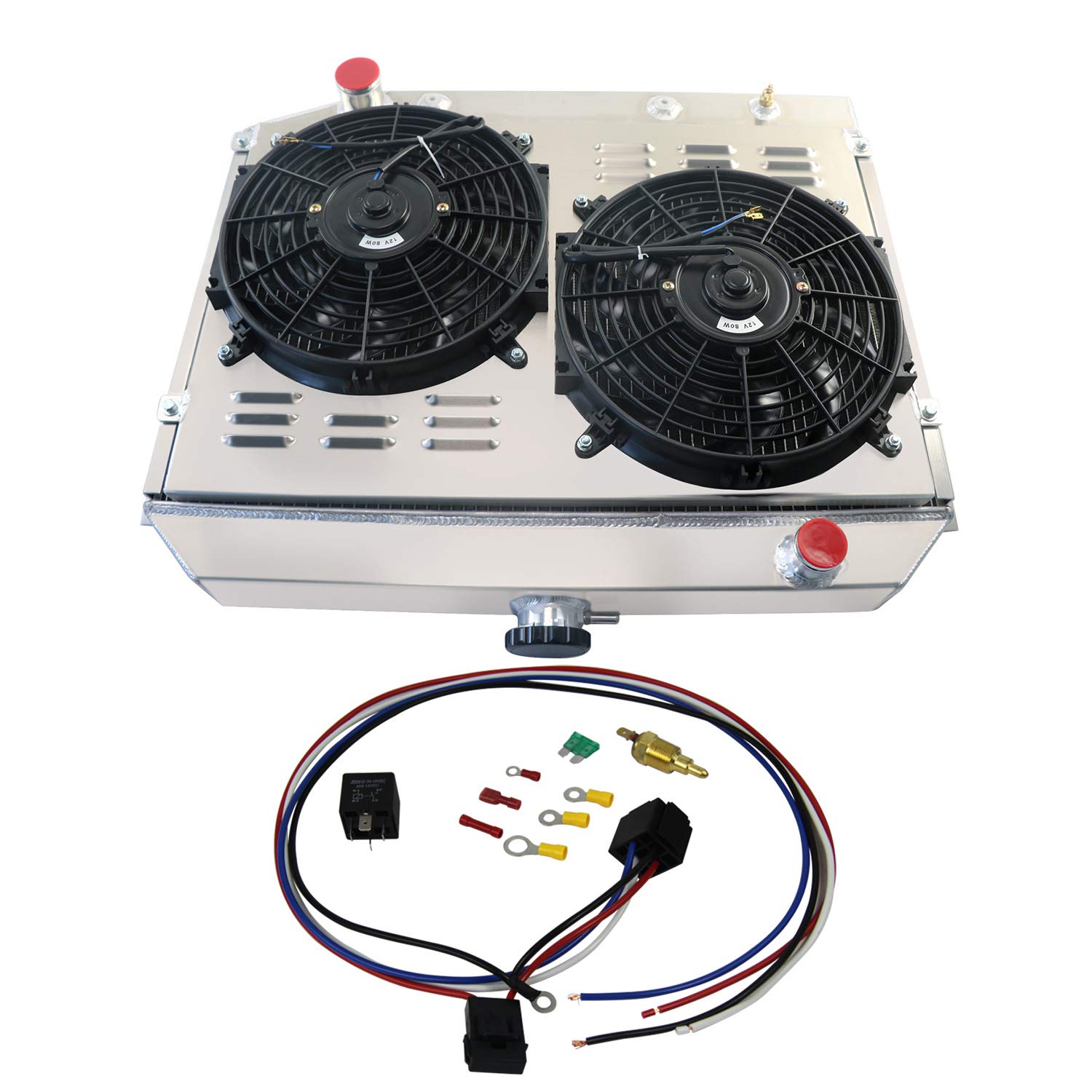 1970-1974 Dodge Challenger Mopar Small Block V8 Aluminum Radiator - 3 Row All-Aluminum Cooling System with Shroud Fan & Thermostat Relay Kit | Perfect for Classic Car Restoration, Hot Rod Upgrades & High-Performance Cooling Solutions