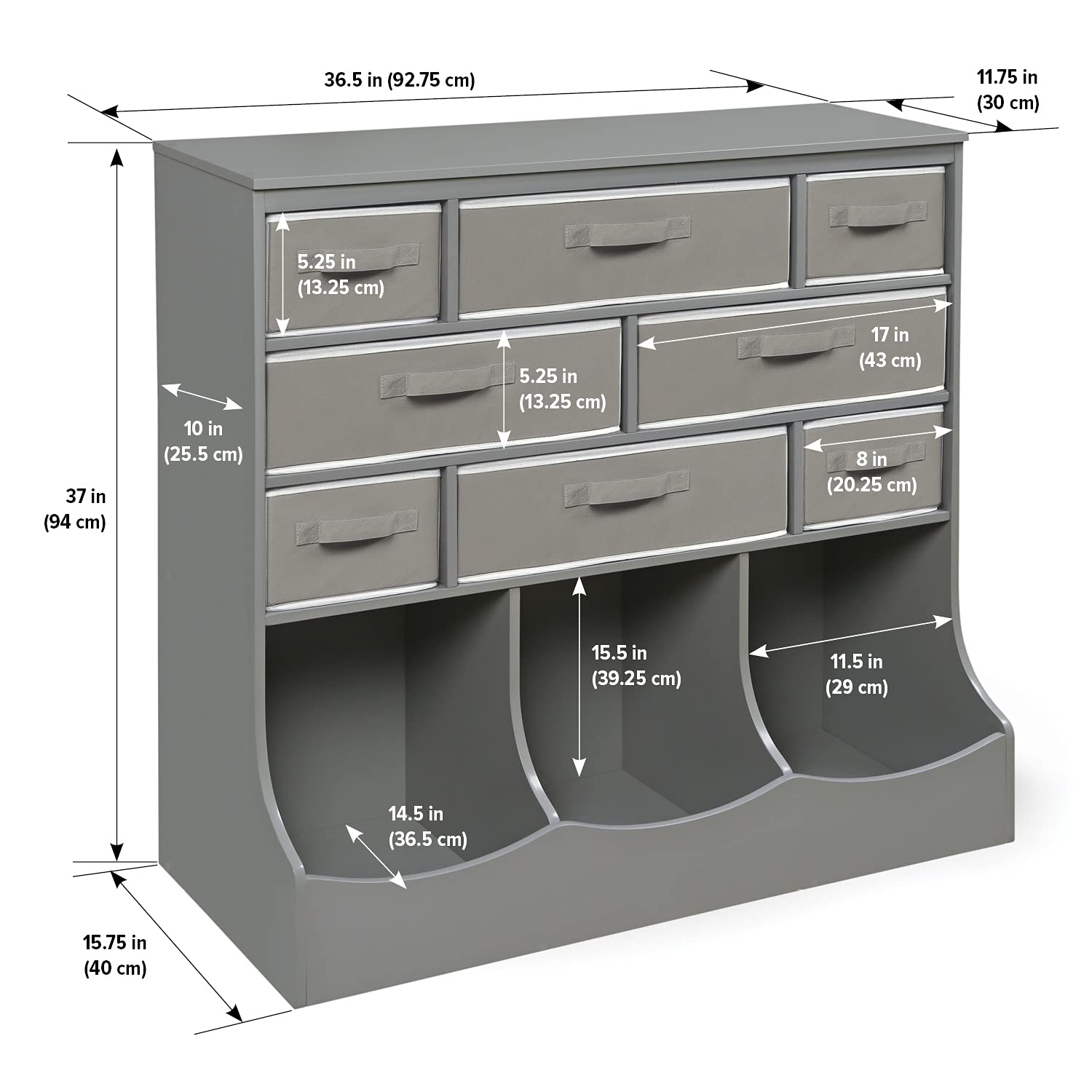Badger Basket 8-Cubby Kids Toy Storage Organizer with Reversible Fabric Bins - Gray Toy Box for Playroom, Nursery & Bedroom Organization