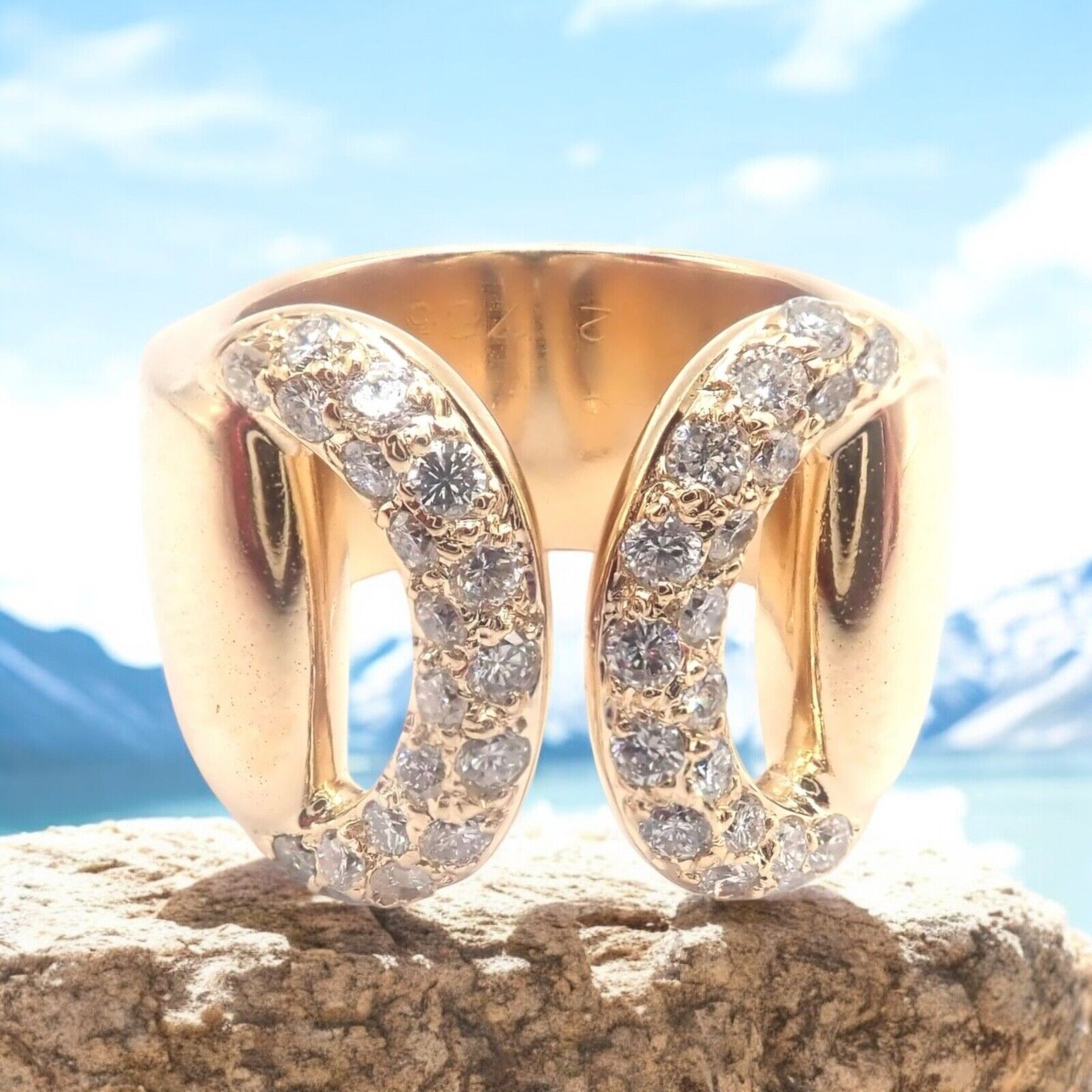 Authentic Hermes 18k Yellow Gold Diamond Horse Bit Wide Band Ring for Women - Luxury Jewelry Gift for Birthday, Anniversary & Special Occasions