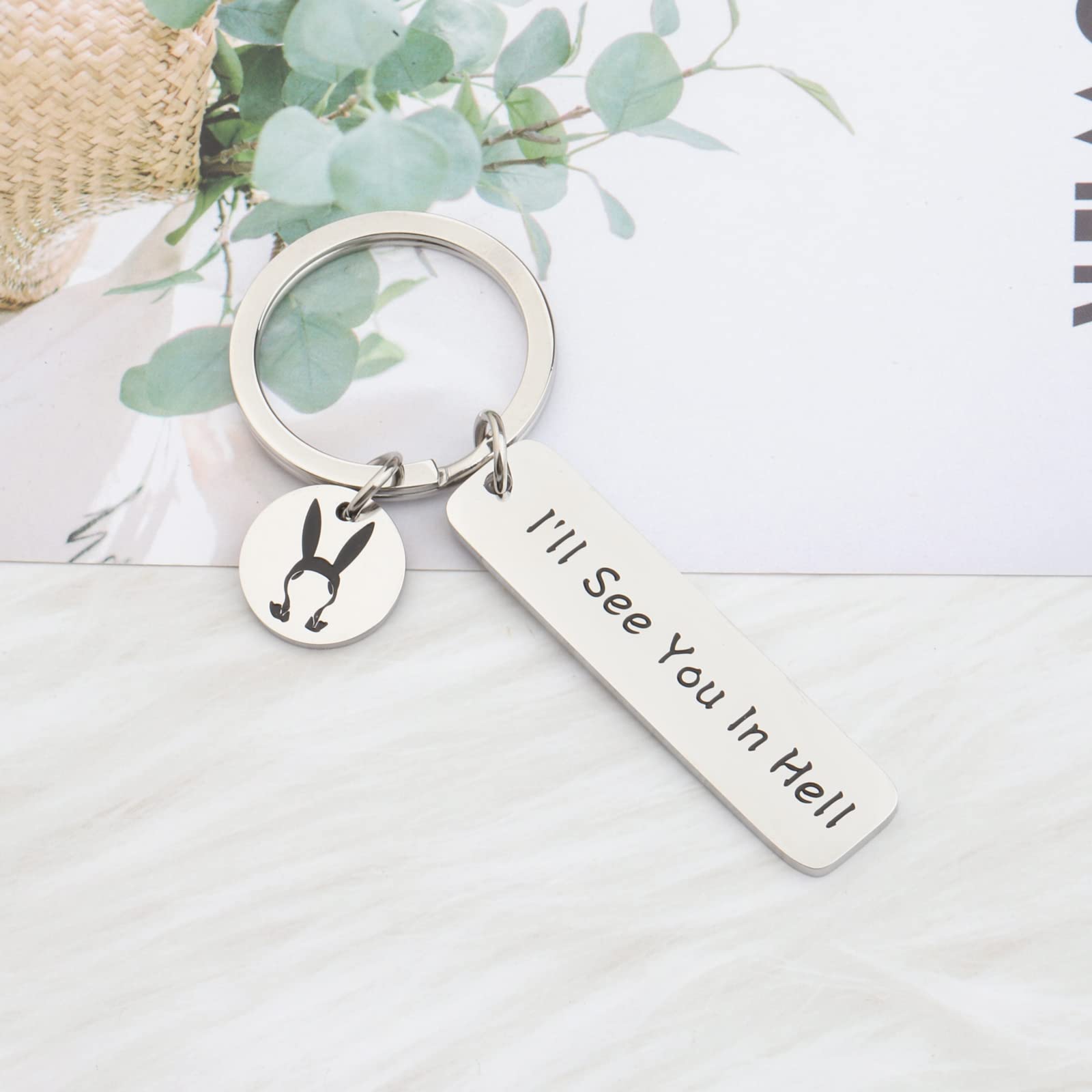 OKEYCH B Burger Inspired Keychain - Louise Belcher 'I'll See You In Hell' Jewelry Gift for Fans | Perfect for Bob's Burgers Lovers, Cosplay Accessories & TV Show Merchandise