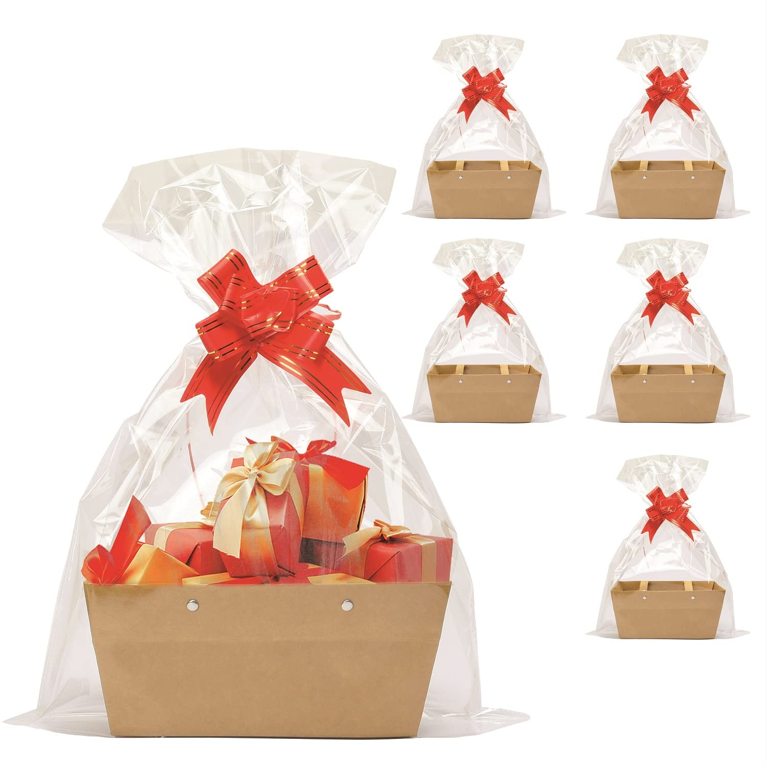 Kraft Gift Baskets with Handles - 5 Pack Empty Gift Basket Kit Includes Shrink Wrap Bags & Bows | DIY Wedding, Birthday, Christmas, Valentine's Party Favors & Holiday Gift Packaging