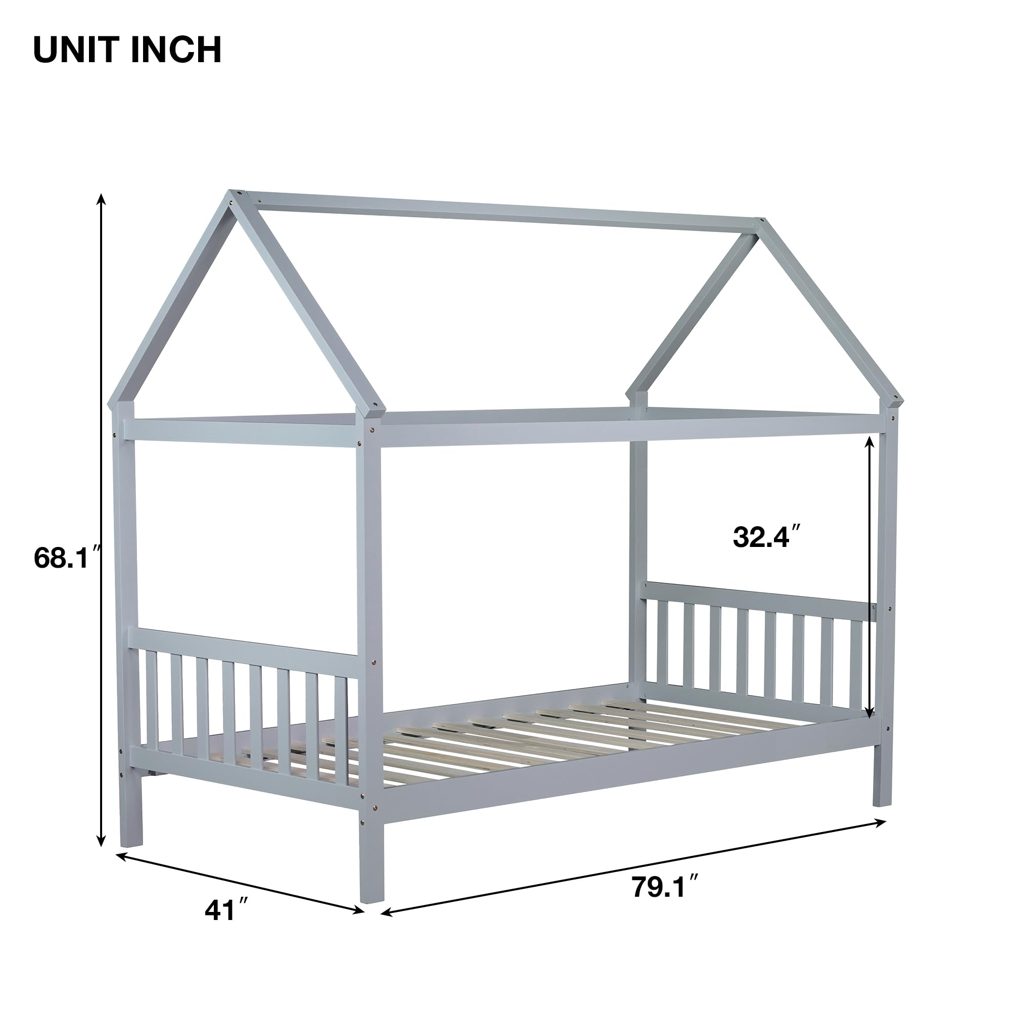 Montessori Twin Size Wooden House Bed Frame with Slats for Kids - Grey Floor Bed for Boys & Girls - Perfect for Bedrooms, Playrooms & Montessori Learning Spaces