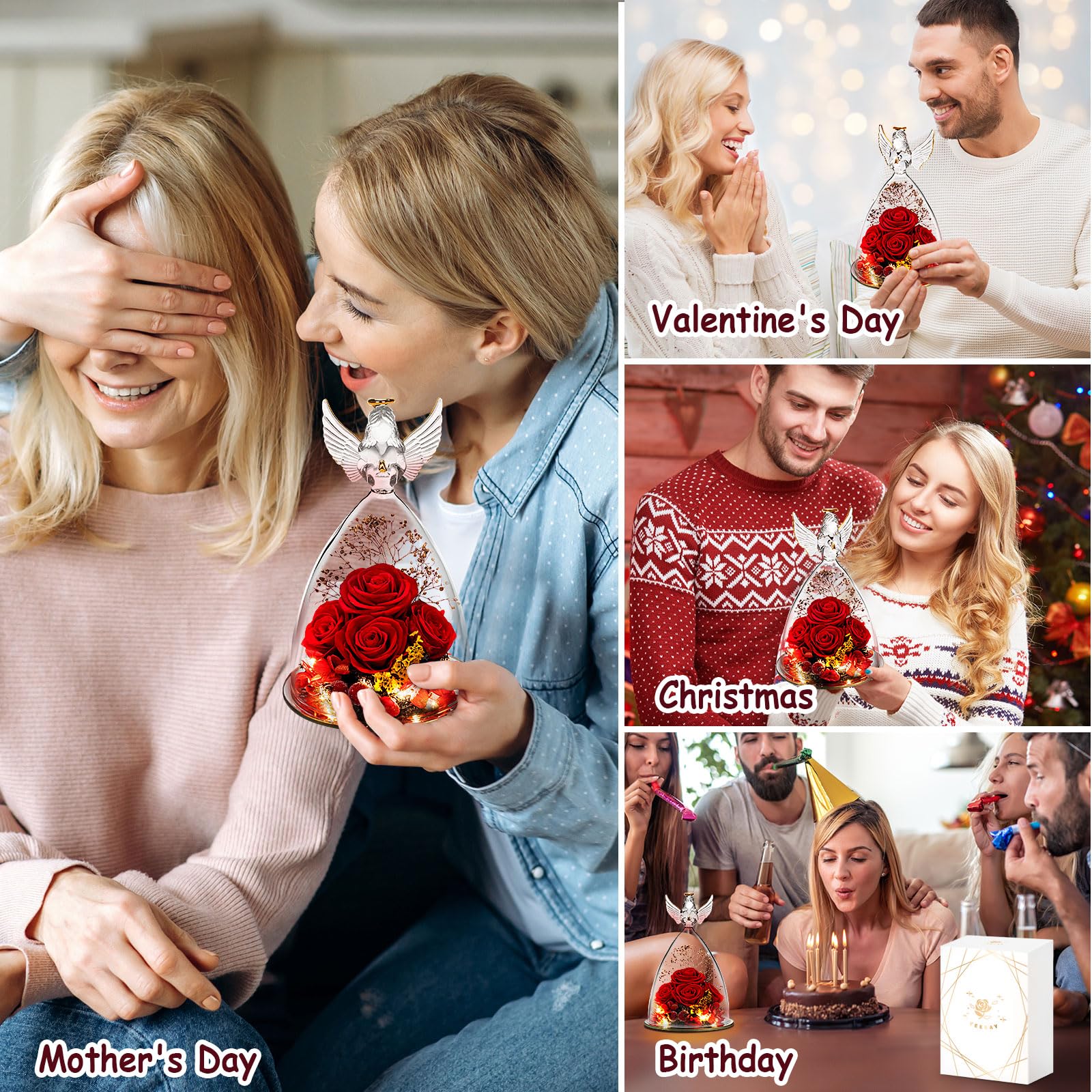 YEEBAY Preserved Rose Flower in Glass Dome with Angel Figurine & LED Light - Romantic Gift for Mom, Wife, Grandma - Perfect for Christmas, Anniversary, Wedding, Valentine's Day & Birthday - Home Decor, Wedding Centerpiece, Romantic Bedroom Accent