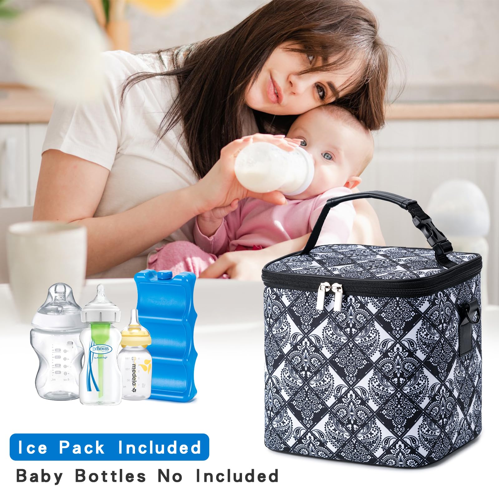Insulated Breastmilk Cooler Bag with Ice Pack - Holds 6 Baby Bottles (9oz Each) - Adjustable Shoulder Strap for Nursing Moms - Perfect for Daycare, Work & Travel - Black