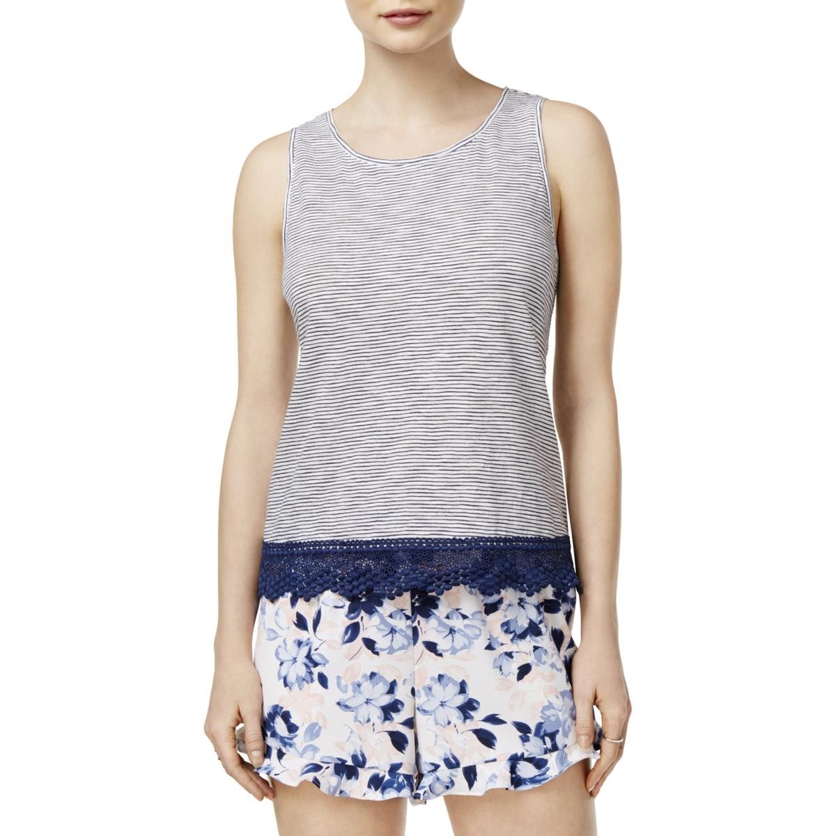 Maison Jules Women's Striped Crochet Trim Tank Top - White L | Casual Summer Tops for Beach, Vacation & Everyday Wear