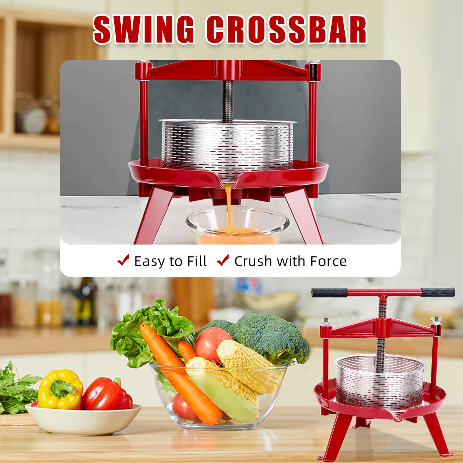 1.32 Gallon Manual Fruit Wine Press with T-Handle - Stainless Steel Apple Cider Press for Home Winemaking, Kitchen & Outdoor Use - Stable Triangular Structure for Juicing Grapes, Berries & Fruits