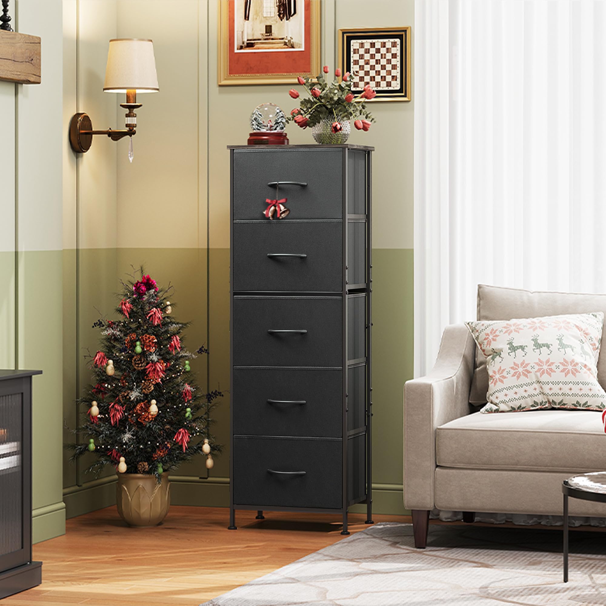 WLIVE 5-Drawer Fabric Dresser with Wood Top & Steel Frame - Tall Bedroom Storage Organizer with Fabric Bins - Space-Saving Chest of Drawers for Closet, Hallway or Nursery - Charcoal Black | Perfect for Small Spaces, Dorm Rooms & Apartment Organization