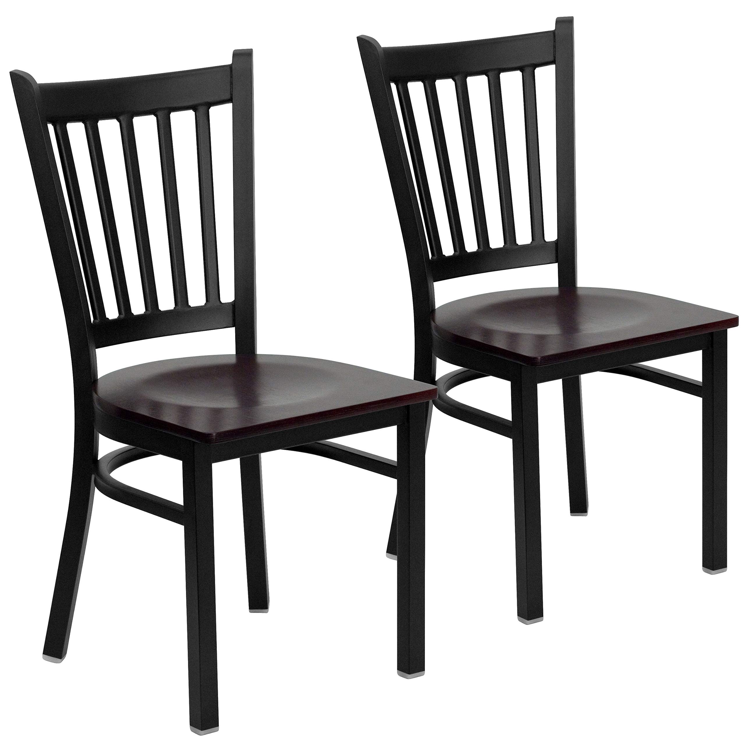 2 Pack Black Vertical Back Metal Restaurant Chairs with Mahogany Wood Seat - Durable & Stylish Dining Chairs for Restaurants, Cafes, and Home Kitchens
