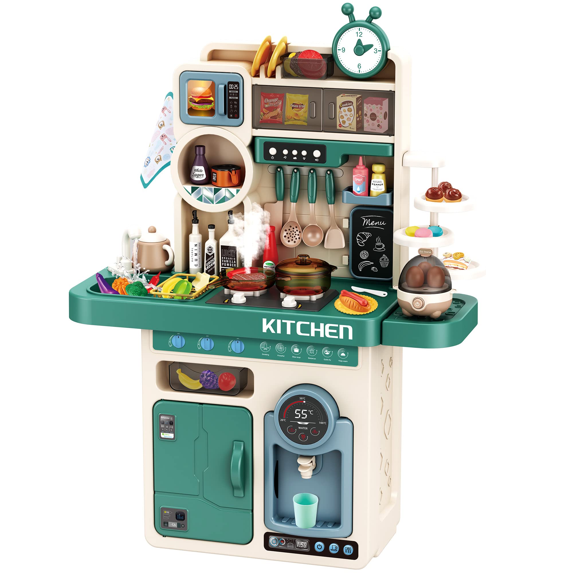 **Deejoy 89-Piece Kids Kitchen Playset with Realistic Lights & Sounds, Pretend Steam & Water Tank, Color-Changing Play Food - Interactive Pretend Play Toy for Boys & Girls - Perfect for Role-Playing & Early Learning**