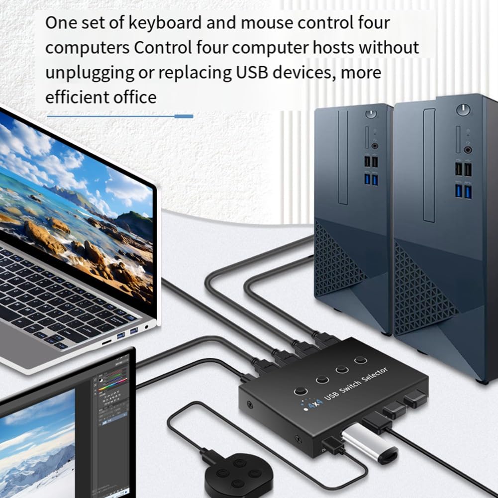 Asinfter 4 Port USB 3.0 Switch Selector - Share 4 USB Devices (Printer, Scanner, Mouse, Keyboard) Among 4 Computers - Includes 4 Pack High-Speed USB Cables - Perfect for Home Office & Multi-Device Workstations