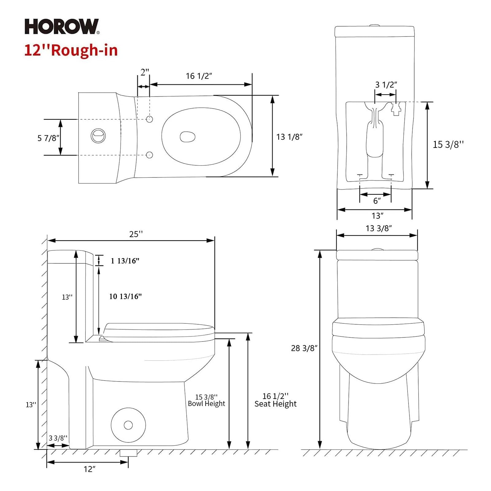 HOROW HWMT-8733 Compact One-Piece Toilet with Dual Flush - 12