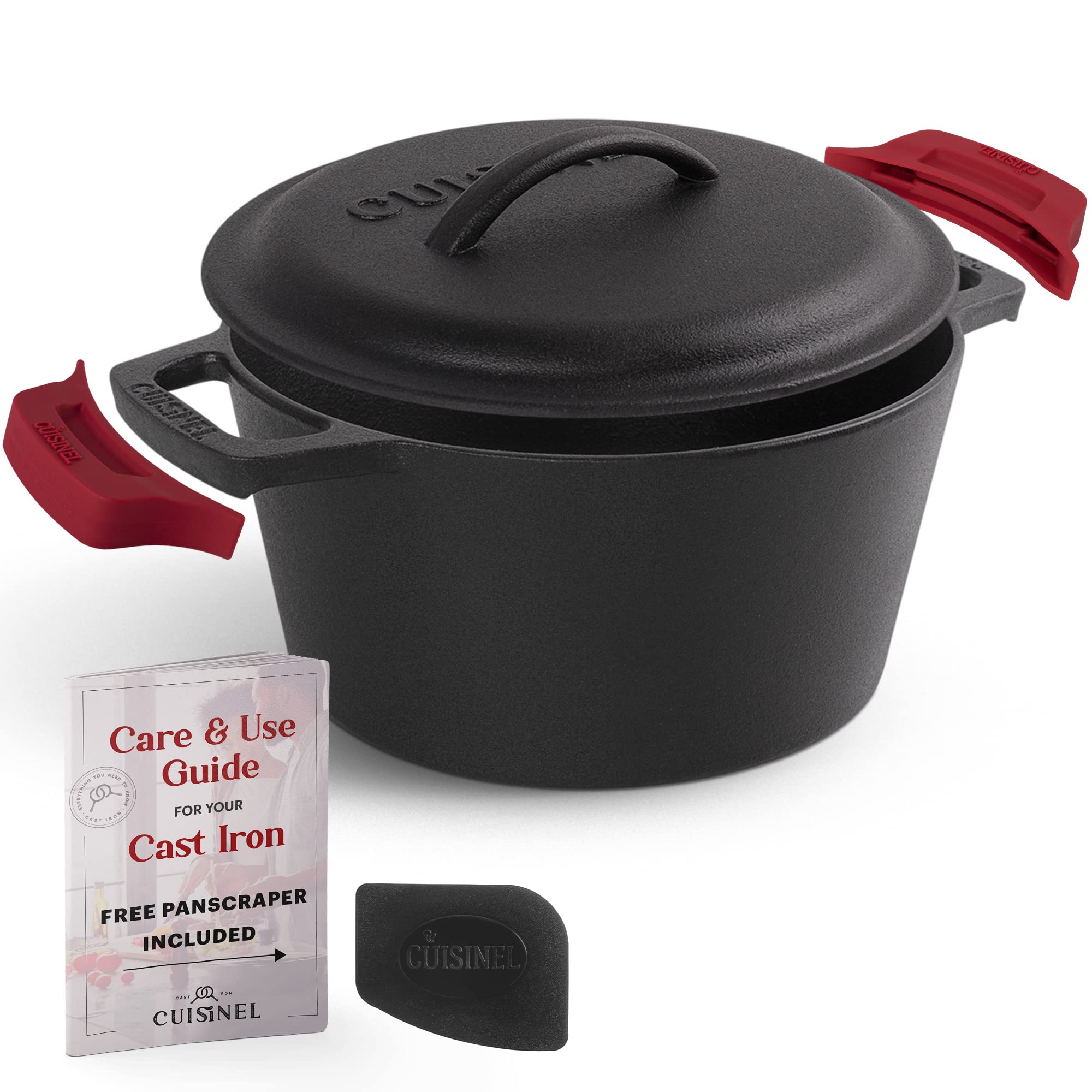 Cuisinel 3-Quart Cast Iron Dutch Oven with Lid - Pre-Seasoned Deep Pot for Baking Bread, Soups, Stews & Frying - Includes Pan Scraper & Handle Covers - Perfect for Indoor Cooking, Outdoor Camping, BBQ & Fire Pit Use