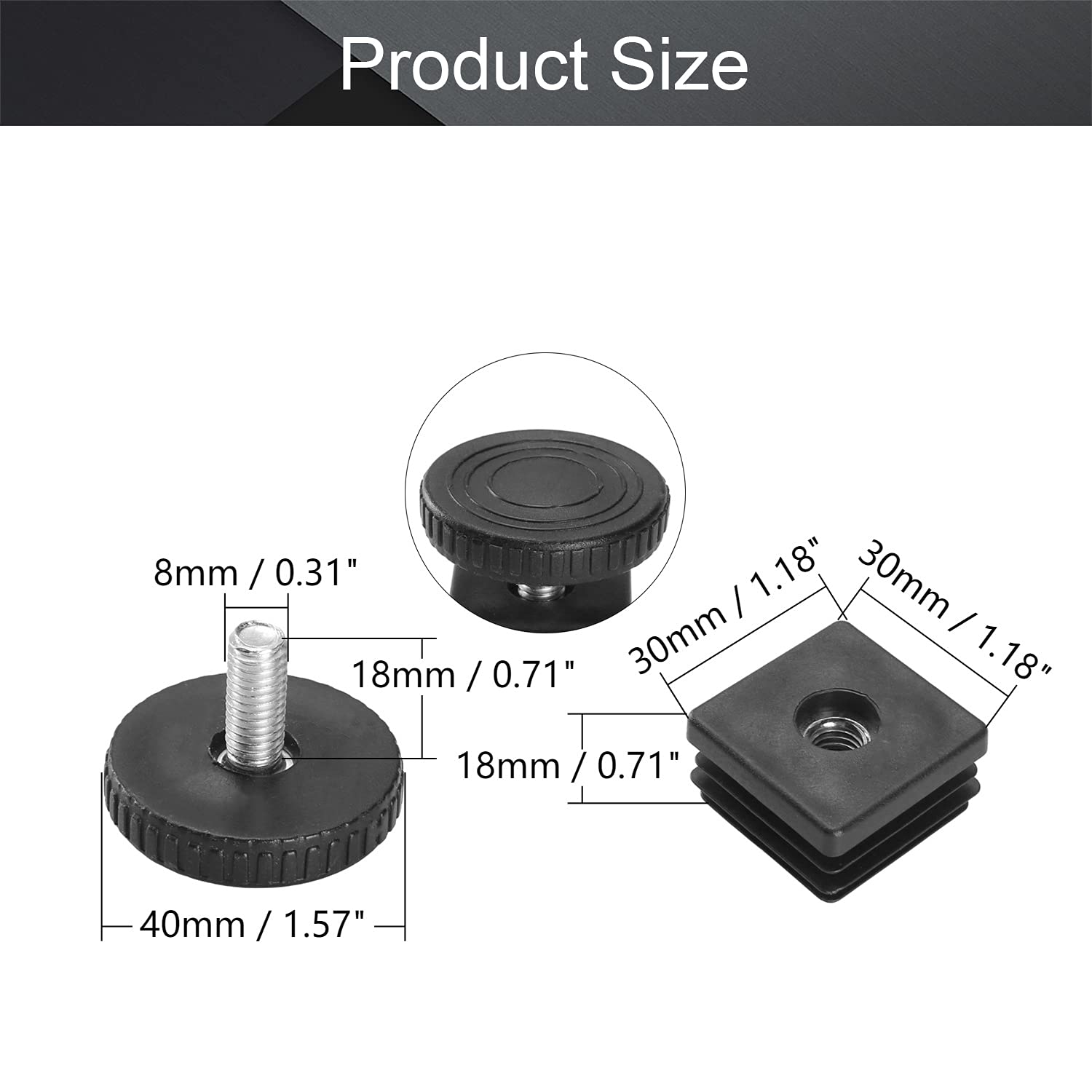 MroMax 30 Sets Adjustable Leveling Feet - 30x30mm Plastic & Metal Square Tube Insert Kit with M8 Thread - Glide Levelers for Home Office Table, Desk Leg (Black) - Perfect for Uneven Floors & Wobbly Furniture