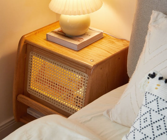 Solid Oak Wood Nightstand with Rattan Accents - Stylish Bedside Table for Bedroom Decor, Living Room, or Guest Room