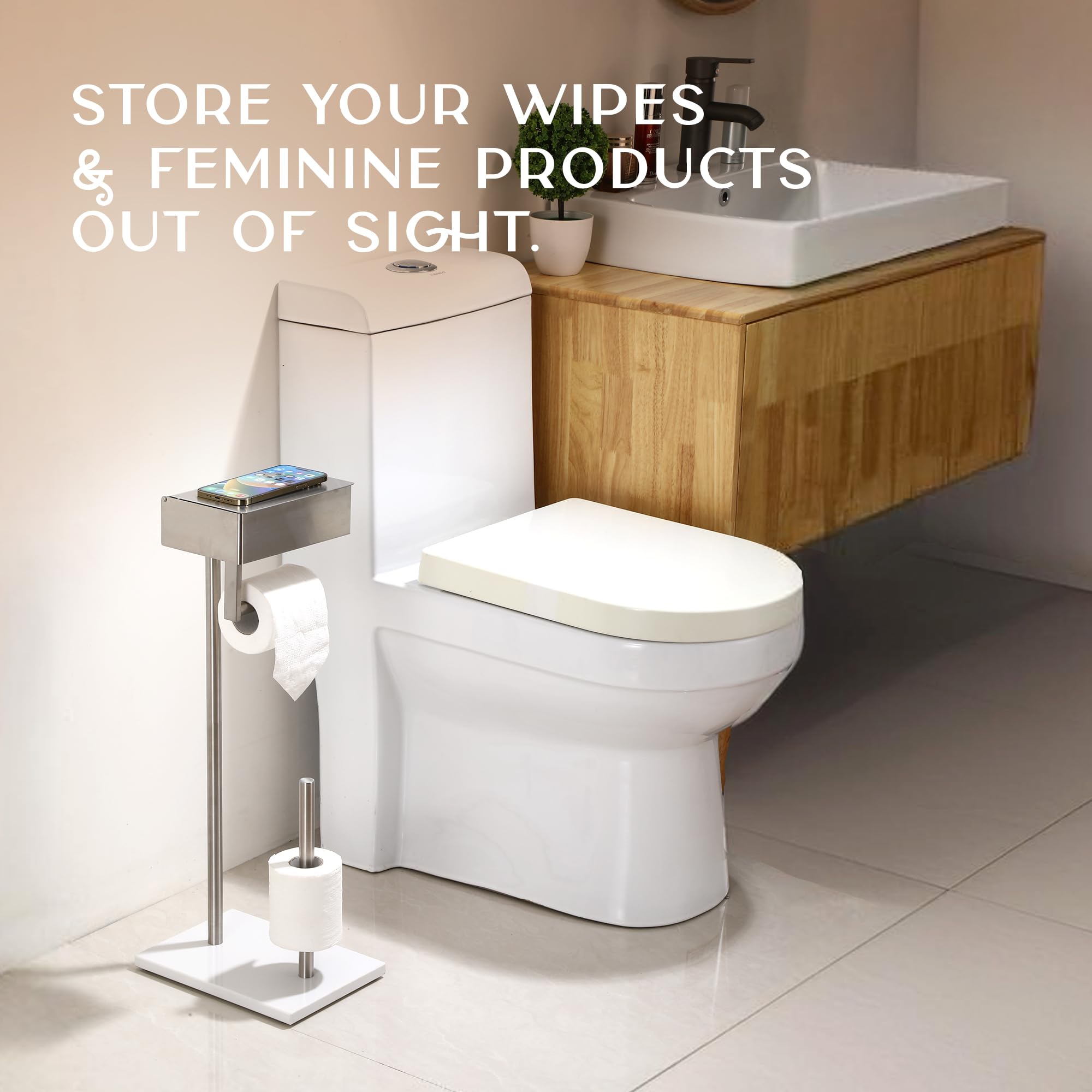 Day Moon™ Brushed Nickel Free Standing Toilet Paper Holder with Storage Shelf - Modern Bathroom Tissue Dispenser & Wipes Organizer - Space Saving Design for Small Bathrooms, Powder Rooms and RVs