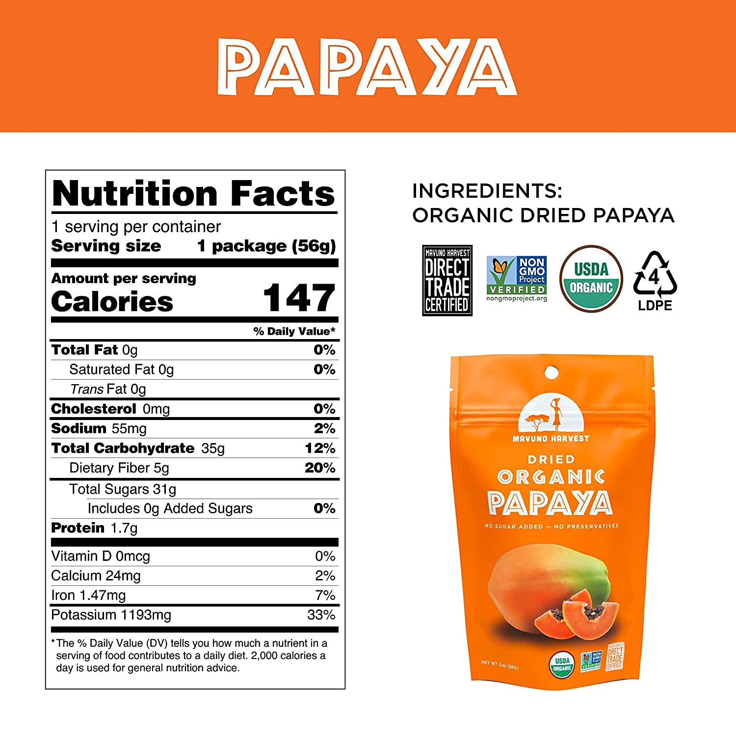 Organic Dried Papaya Slices by Mavuno Harvest | Gluten-Free, Vegan, Non-GMO Healthy Snack | No Sugar Added, 2oz Pack of 6 | Perfect for Lunchboxes, Hiking, Travel & On-the-Go Snacking