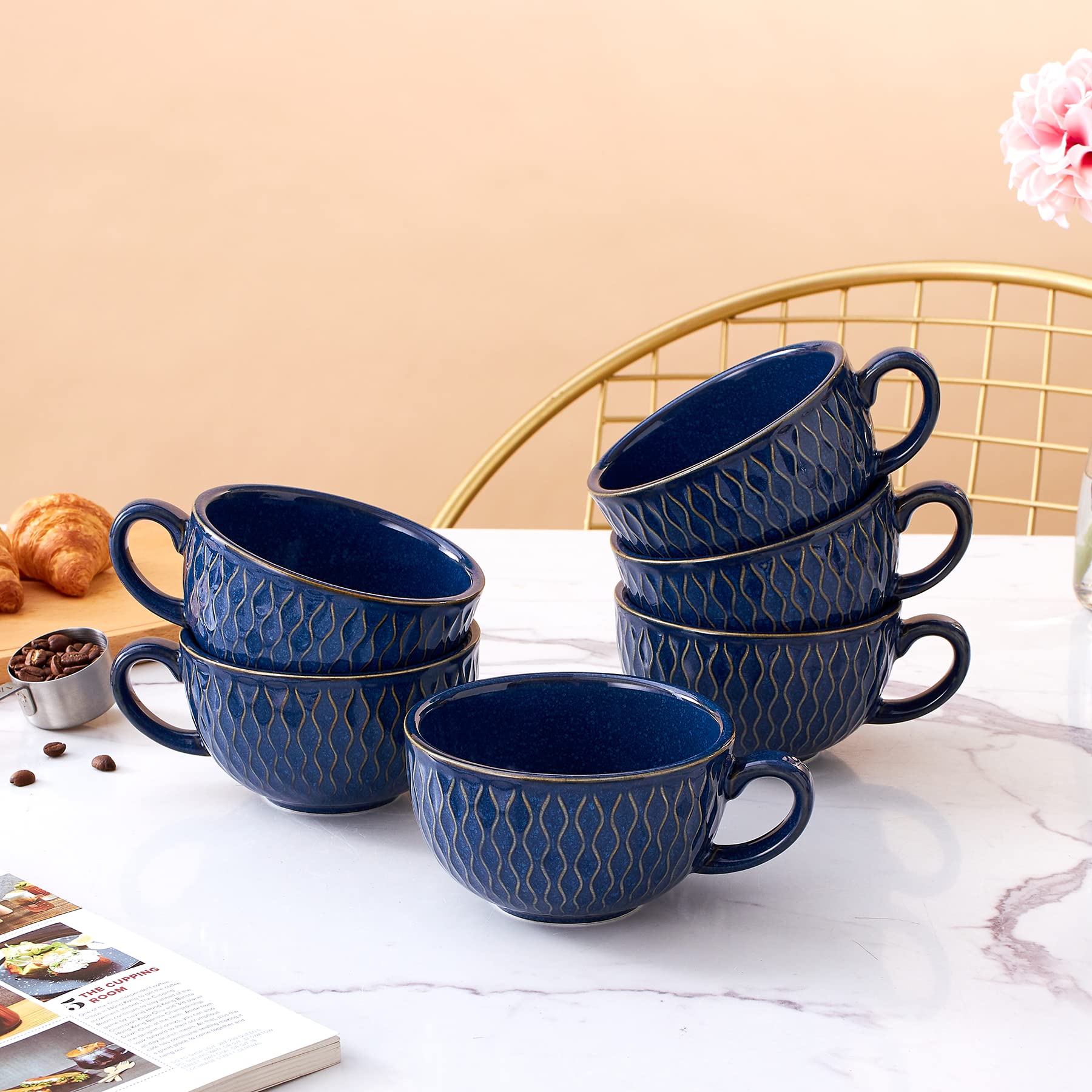 6-Pack Vintage Embossed Blue Ceramic Coffee Cups - 12 oz Professional Barista Latte Art Cappuccino Mugs Set for Home, Cafe & Restaurant Use