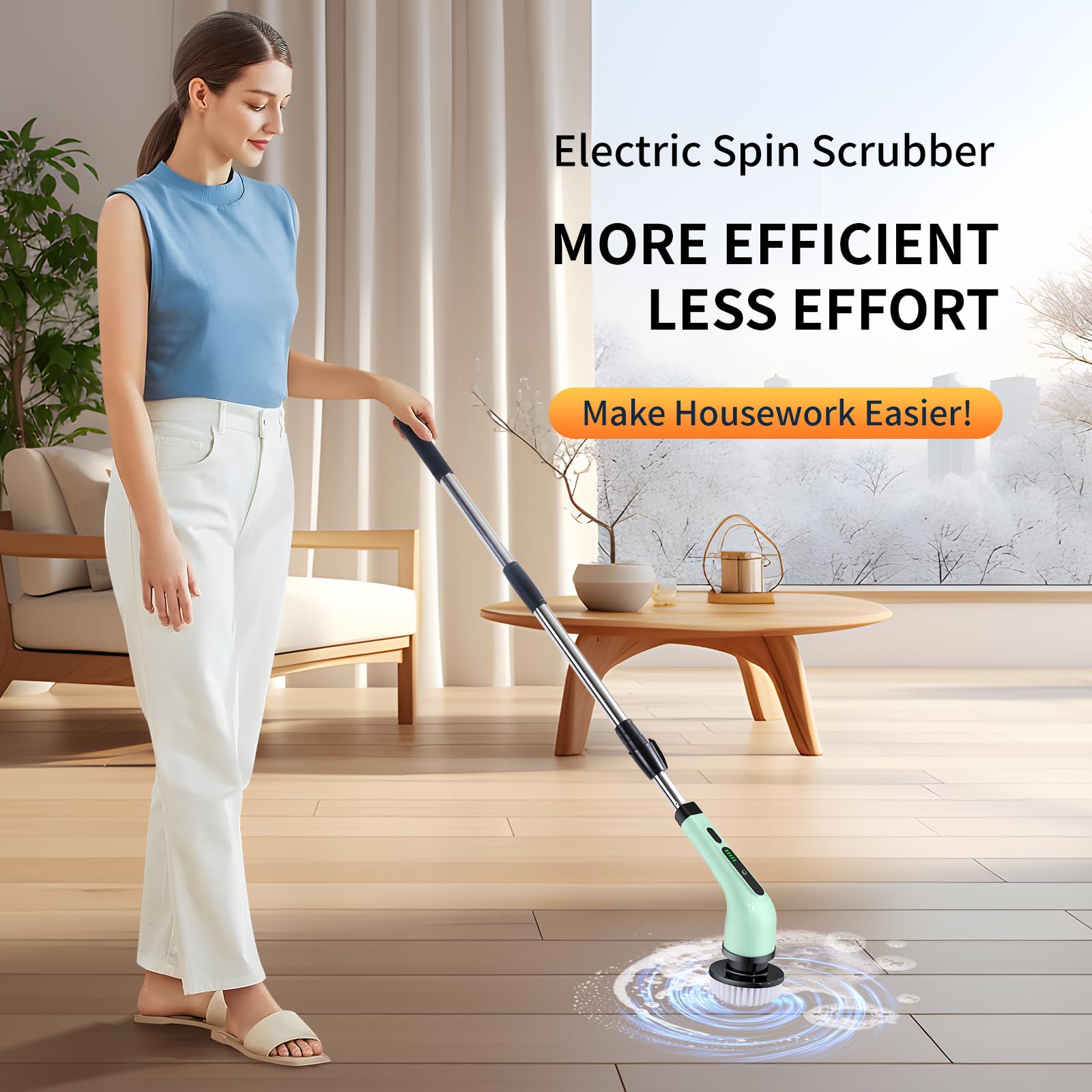 Cordless Electric Spin Scrubber - Powerful Bathroom & Shower Cleaner with 9 Replaceable Brush Heads for Tub, Tile, Floor, Kitchen, Window & Car Cleaning - Long Handle Rechargeable Cleaning Brush for Deep Scrubbing