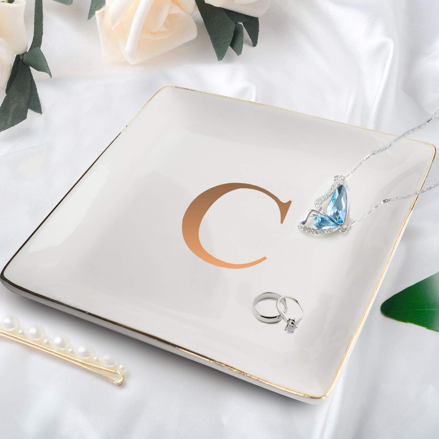 Personalized Ceramic Jewelry Tray with Gold Initials - Engraved Ring Dish, Trinket Bowl & Key Holder - Unique Wedding, Engagement Gift for Brides, Bridesmaids & Anniversary - Perfect for Dresser Decor, Jewelry Organization & Gift Giving