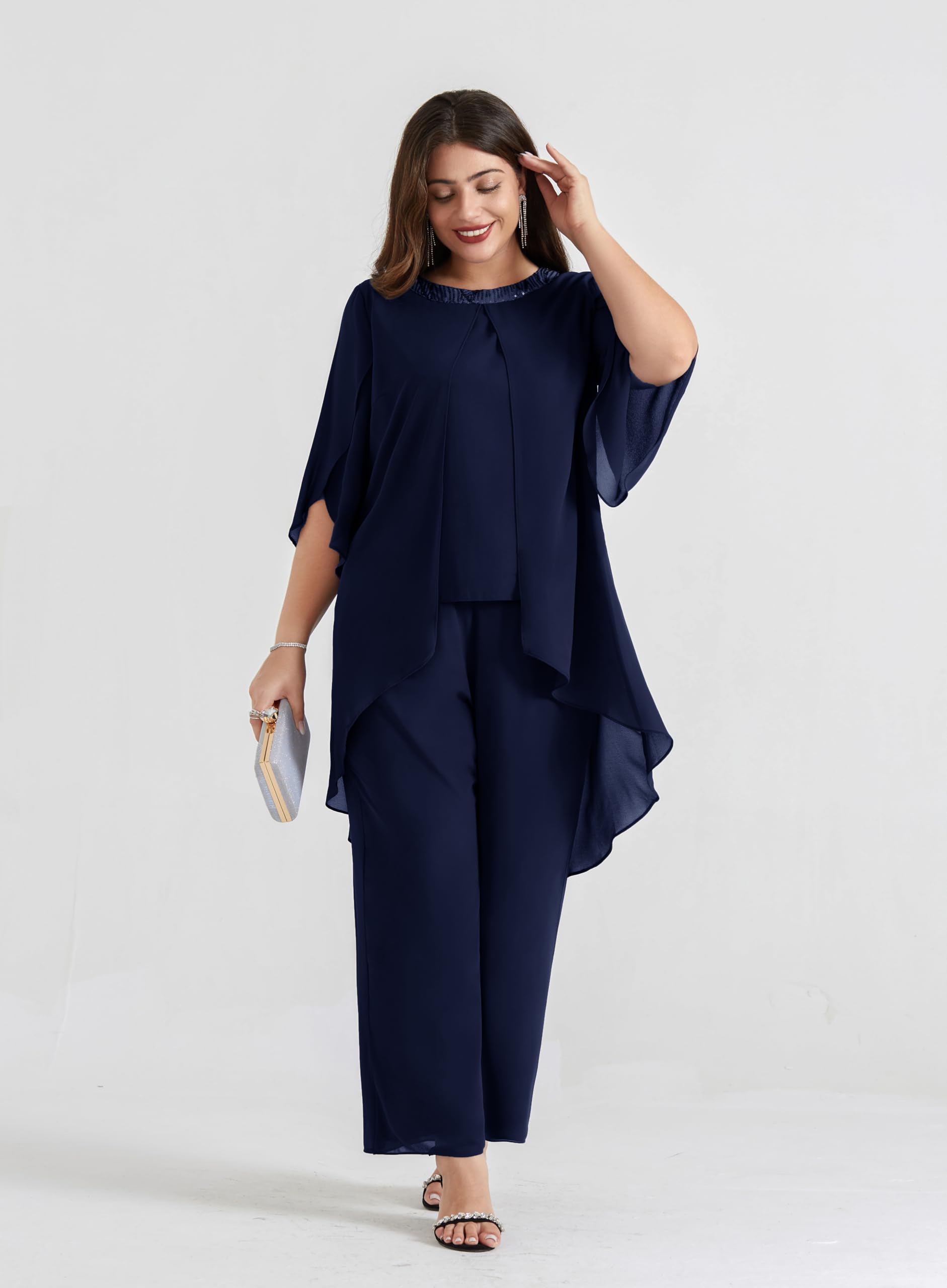 Hanna Nikole Plus Size Mother of The Bride Pant Suits - 2 Piece Chiffon Set with High Low Hem - Elegant Wedding Guest Outfit for Women - Perfect for Weddings, Receptions & Formal Events