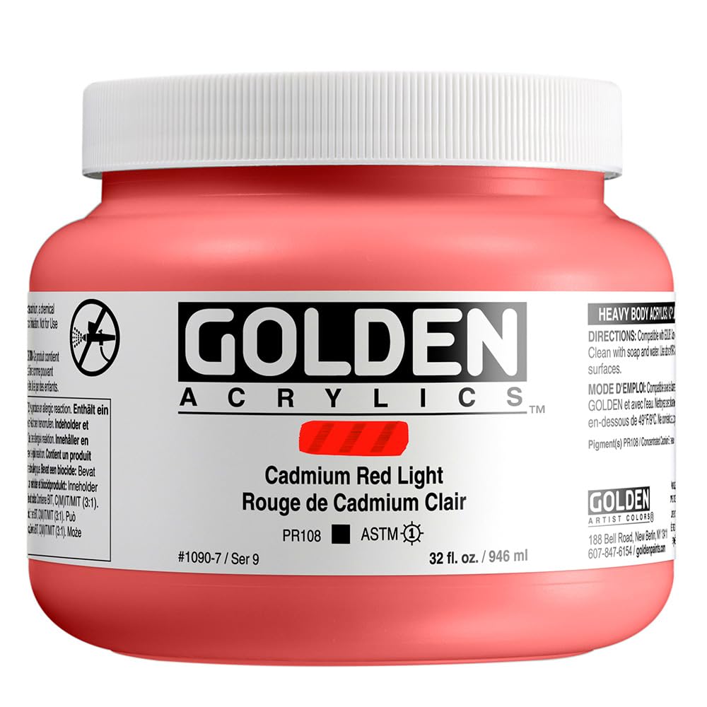 Premium Heavy Body Acrylic Paint by GOLDEN - Cadmium Red Light (32 fl oz Jar) | Professional Grade Opaque Artist Paint for Canvas, Murals & Fine Art Painting