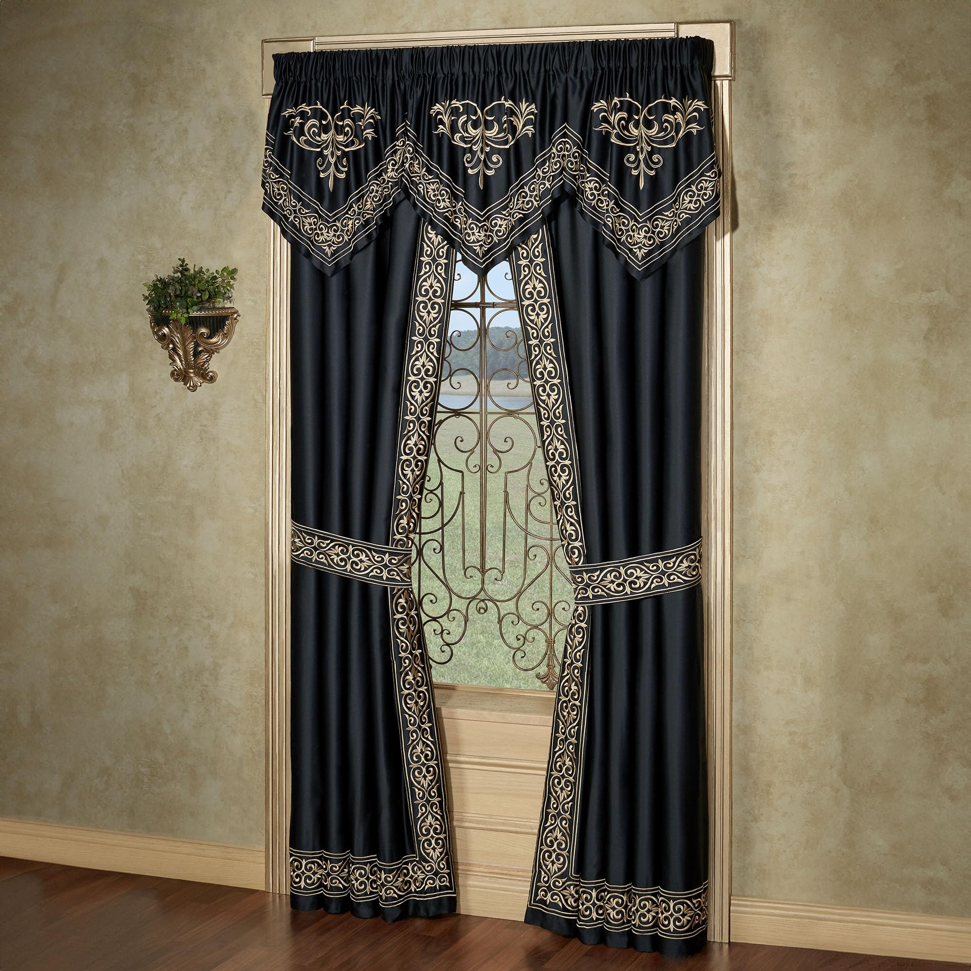 Luxury Kensington Window Curtains Set - Classic Black Sateen with Golden Scrollwork Embroidery | Palace-Inspired Drapery | Includes 3 Ascot Valances & 84