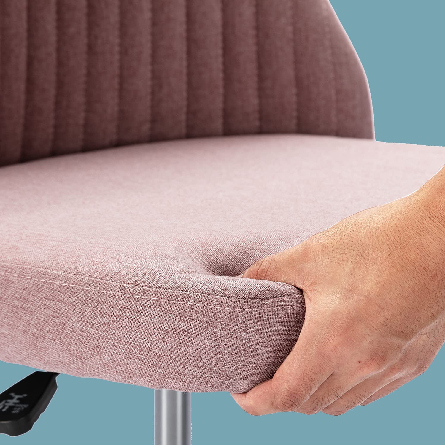 Ergonomic Home Office Desk Chair - Adjustable Low Back Rolling Vanity Chair with Wheels, Modern Twill Upholstered Cute Chair for Bedroom, Classroom & Dressing Room - Rose Pink - Perfect for Remote Work, Online Classes & Makeup Stations
