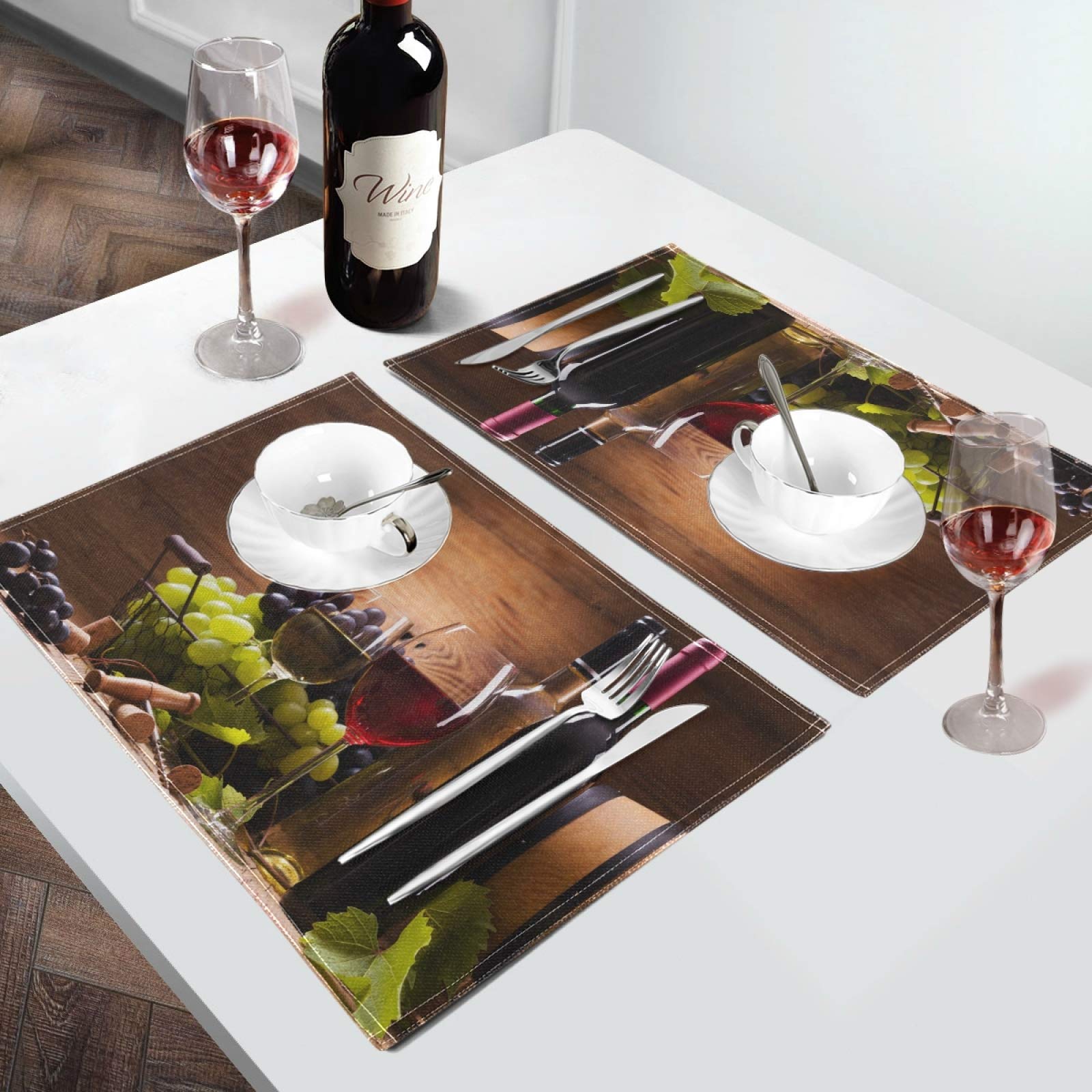 Premium Red & White Wine Glass Placemats Set of 6 - Natural Grape Wood Heat-Resistant, Washable Table Mats for Dining Table Decor | Elegant Kitchen & Dinner Party Accessories