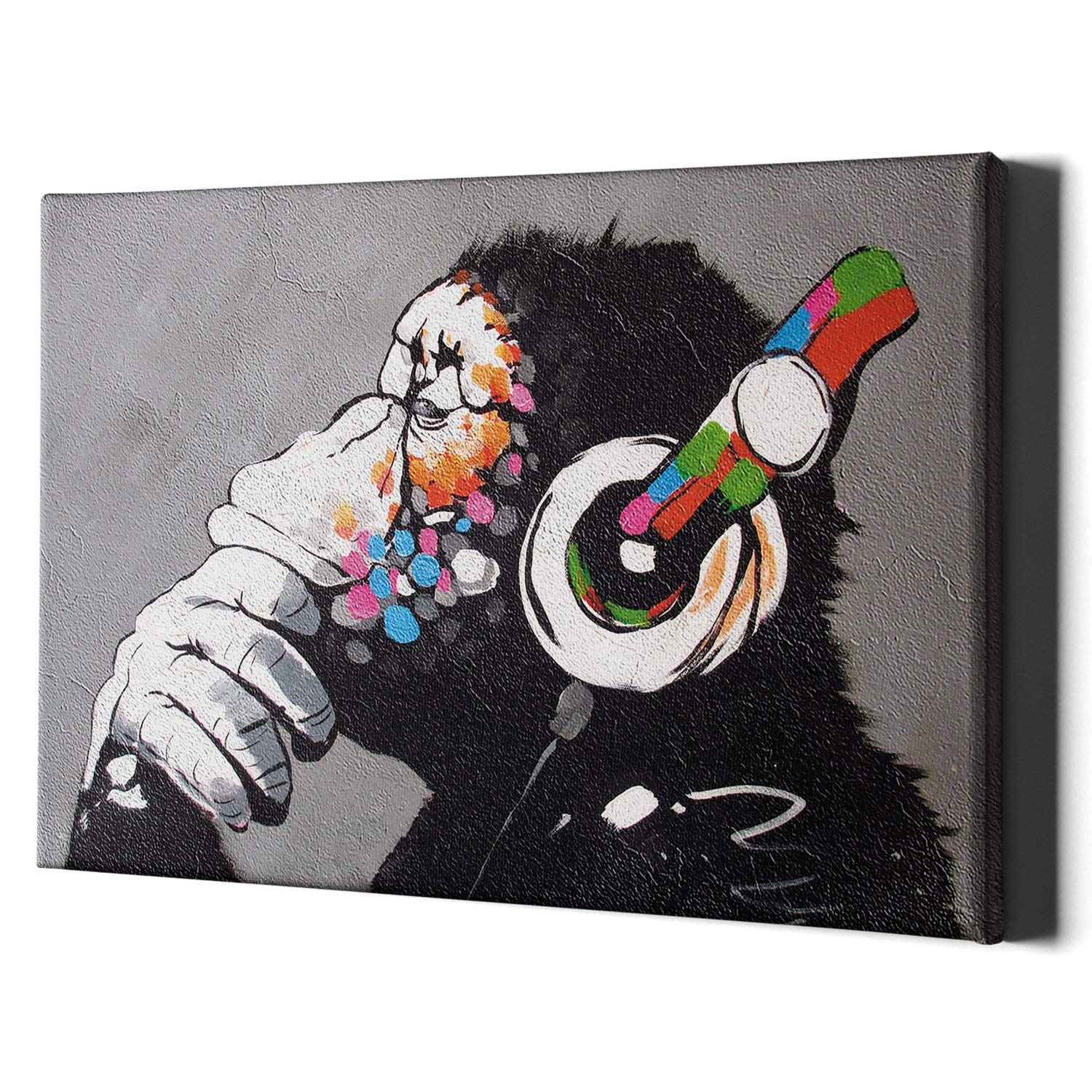 Thinking Monkey Headphones Canvas Wall Art Print - Banksy DJ Gorilla Thinker Nursery Decor, Large Music Funny Street Graffiti Bedroom Wall Art for Home & Office Decor