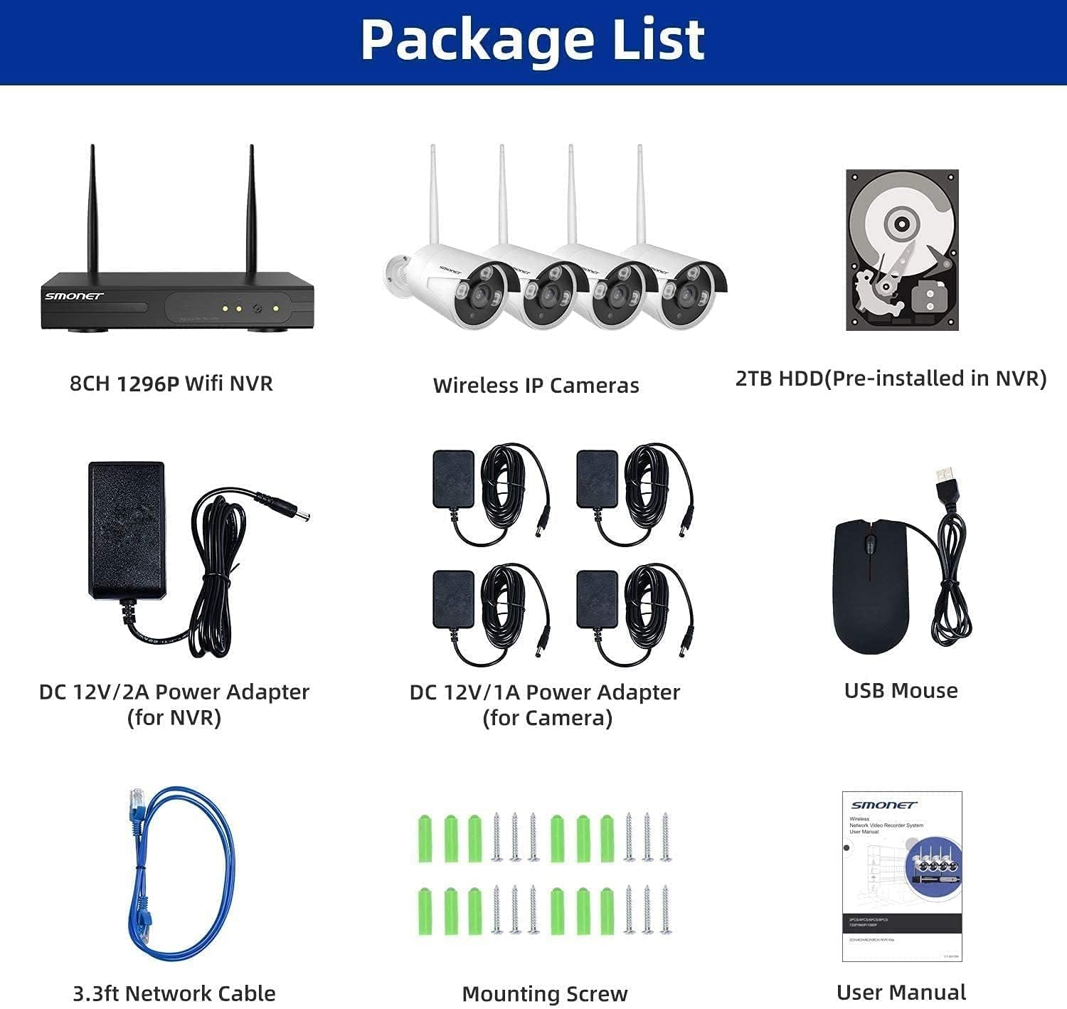 SMONET 8CH 1080P Wireless Security Camera System with 4x 2MP HD Cameras, 3TB HDD, Night Vision & Motion Detection - Indoor/Outdoor Home Surveillance DVR Kit with 24/7 Recording & Free App for Smartphone Monitoring | Perfect for Home, Office & Business Security