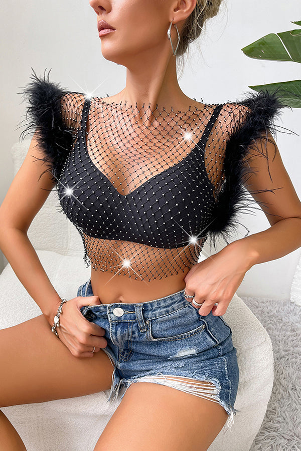 Sexy Ostrich Feather Rhinestone Fishnet Slim Fit Top for Women - Glamorous Party & Nightclub Outfit - Perfect for Halloween, Burlesque, and Special Occasions