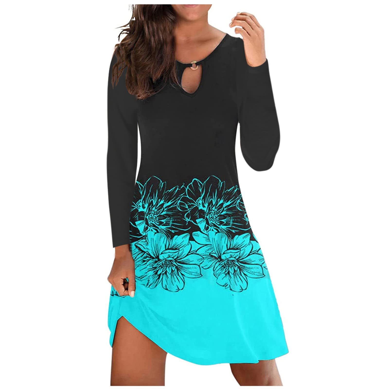 EOPUING Women's Floral Print Midi Dress - Elegant Long Sleeve Fit & Flare High Waist Dress for Fall | Casual Office Wear, Date Night & Special Occasions