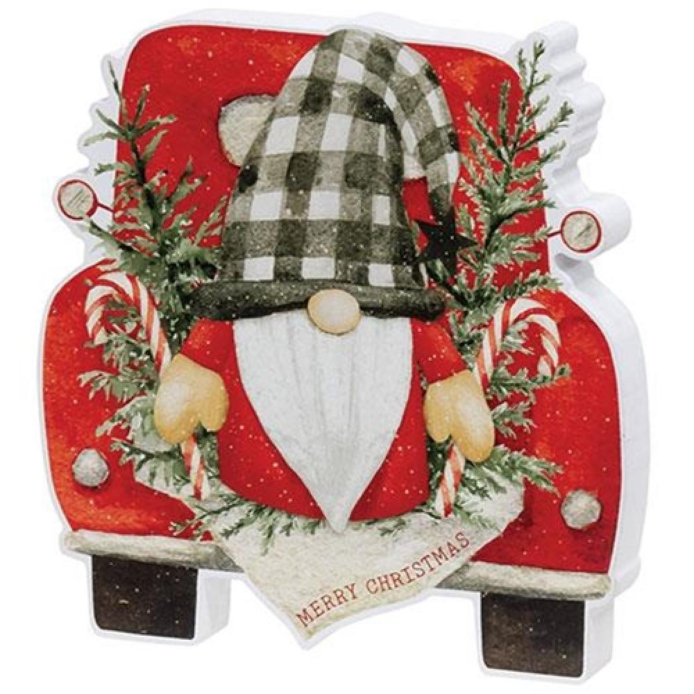 Festive Christmas Gnome & Pine Chunky Truck Sitter - Holiday Home Decor for Mantel, Shelf, or Tabletop Display