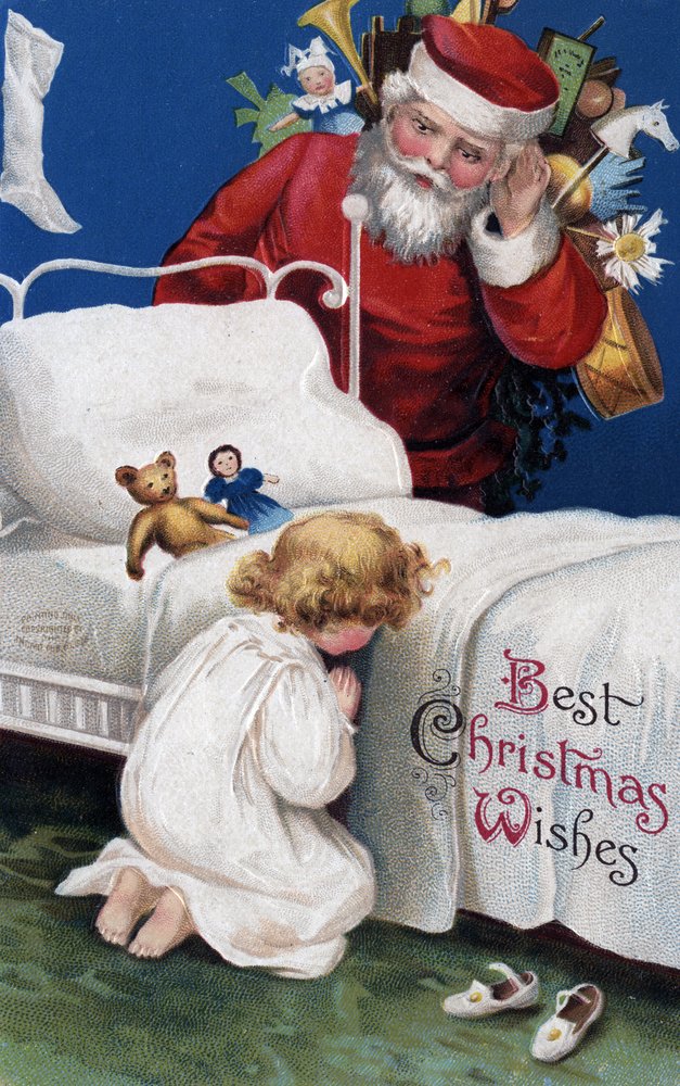Santa Watching Girl Praying - 24x36 Signed Art Print, Christmas Wall Decor Poster - Perfect for Holiday Home Decor & Gift Giving