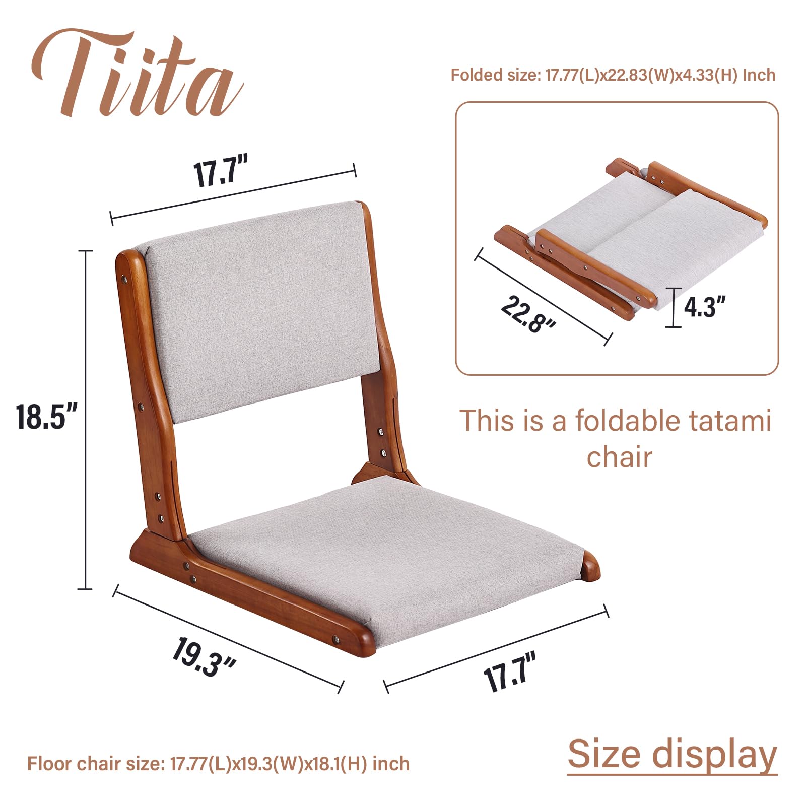 Foldable Tatami Floor Chair - Japanese Style Wooden Legless Backrest with Cushion - Meditation & Accent Seating for Bay Window, Living Room & Zen Decor - Walnut Grey