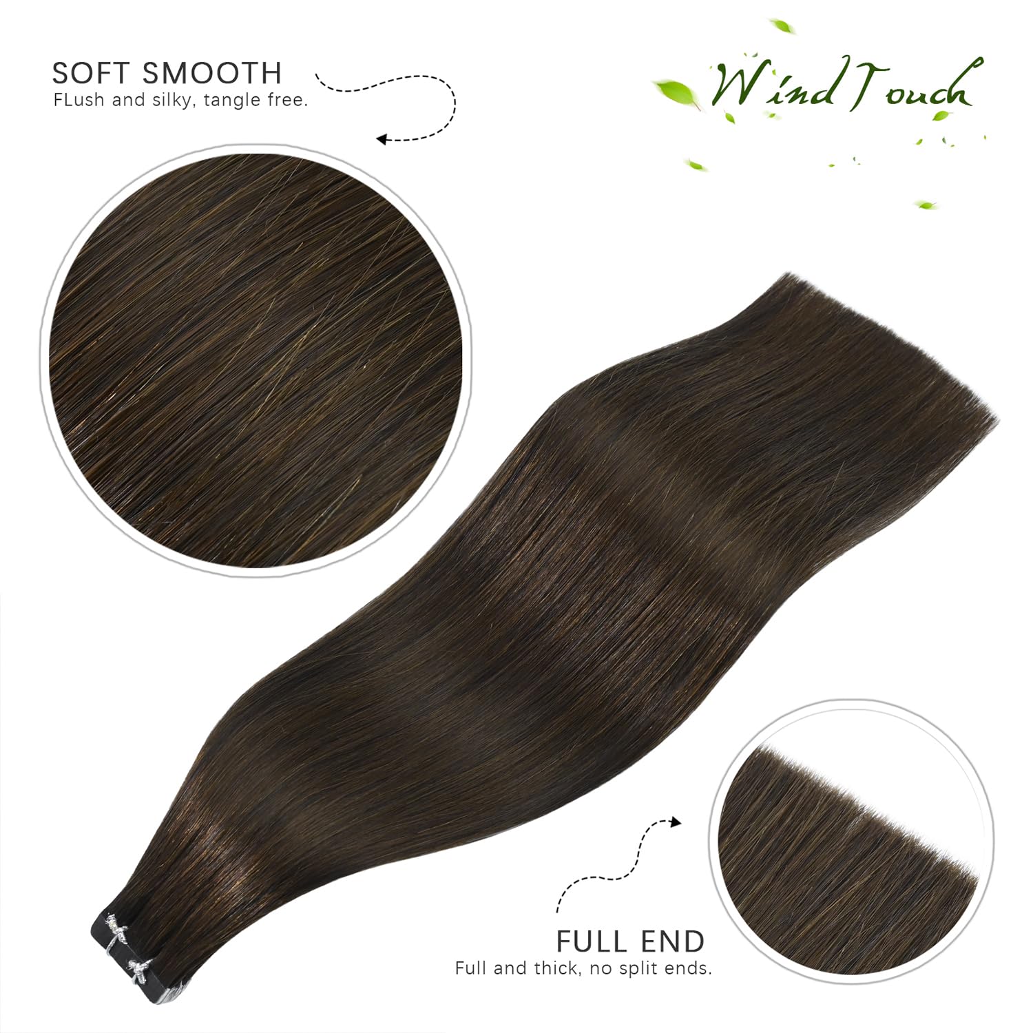WindTouch Dark Brown Tape in Hair Extensions for Women - 20pcs 14Inch Seamless Skin Weft Real Human Remy Hair (50g) | Brunette Straight Extensions for Thickening & Styling | Perfect for Weddings, Parties & Daily Volume Boost