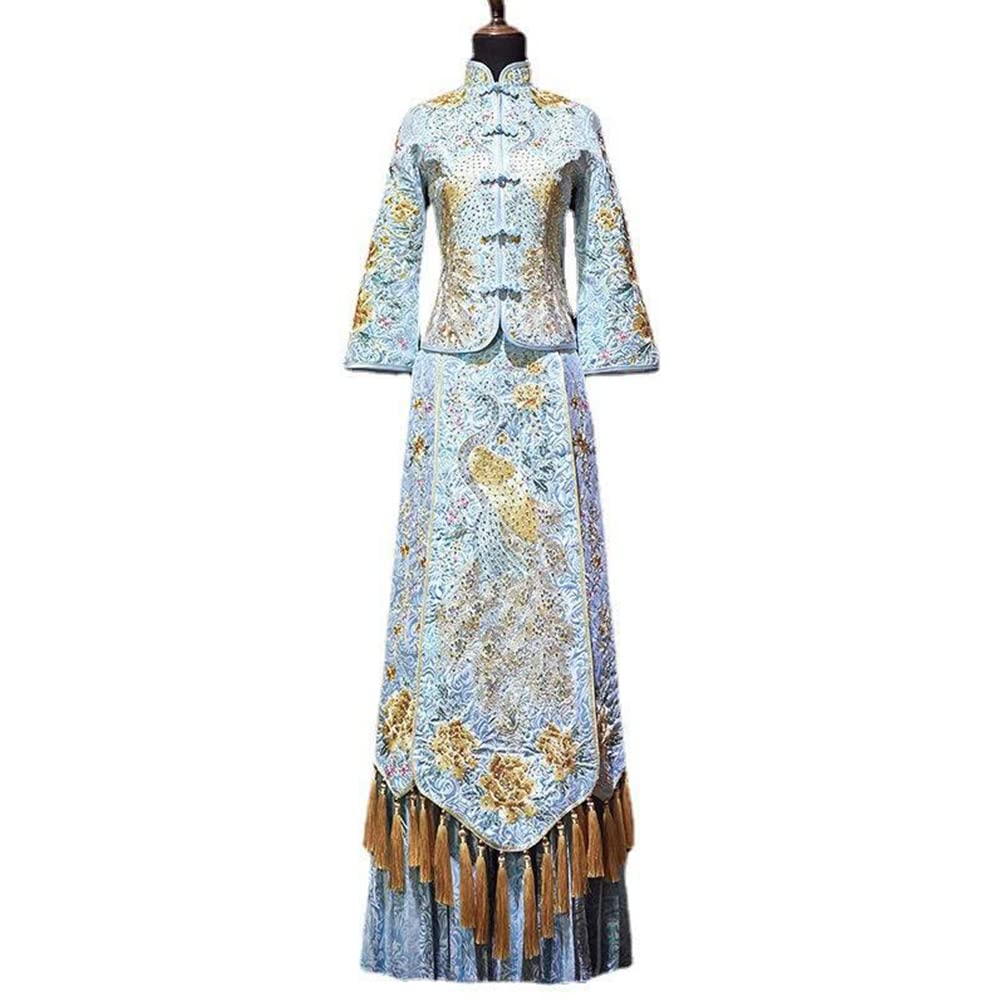 Elegant Blue Chinese Qipao Wedding Dress for Women - Traditional Xiuhe Bridal Gown with Waist Cut Design | Perfect for Bridal Showers, Tea Ceremonies & Cultural Weddings
