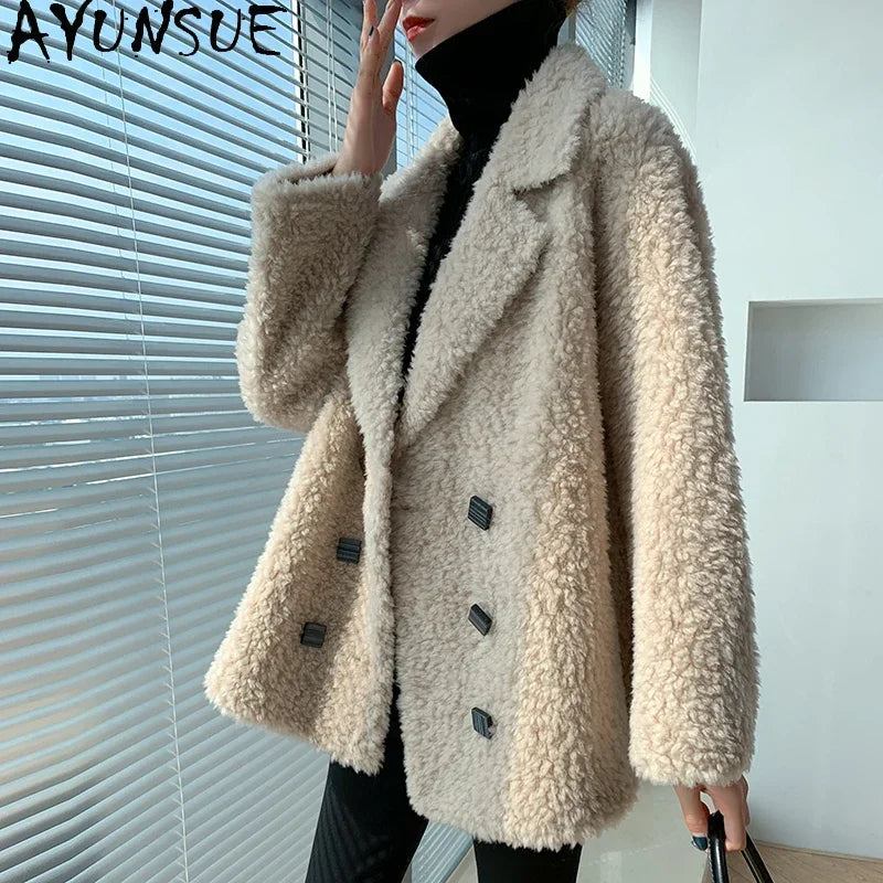 AYUNSUE Women's Short Real Sheep Shearling Coat - Winter Wool Jacket with Fur Trim, Korean Style Casual Outerwear for Women - Perfect for Cold Weather, Daily Wear, and Fashion Outfits