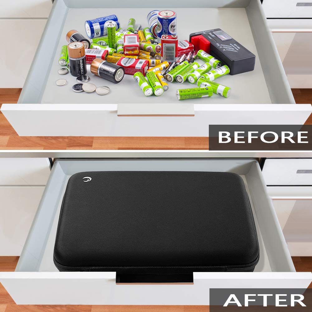COMECASE Hard Battery Organizer Storage Box - Holds 80 AA AAA C D Batteries with BT-168D Tester - Portable Carrying Case for Home, Office & Travel Use