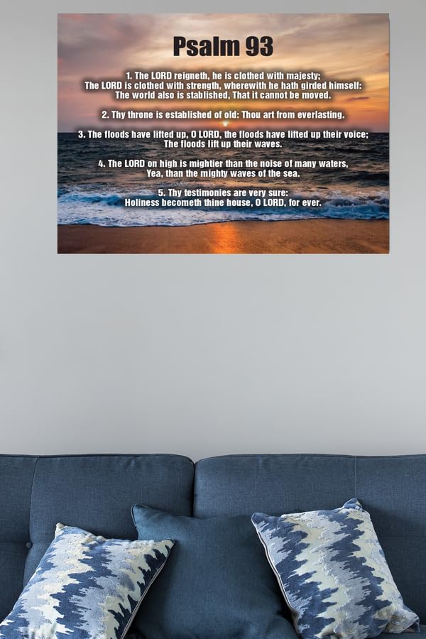 Bible Art Psalm 93 Ocean Wall Decor - Christian Scripture Canvas Print - 'The Lord Reigns' Religious Home Decor for Living Room, Bedroom & Church