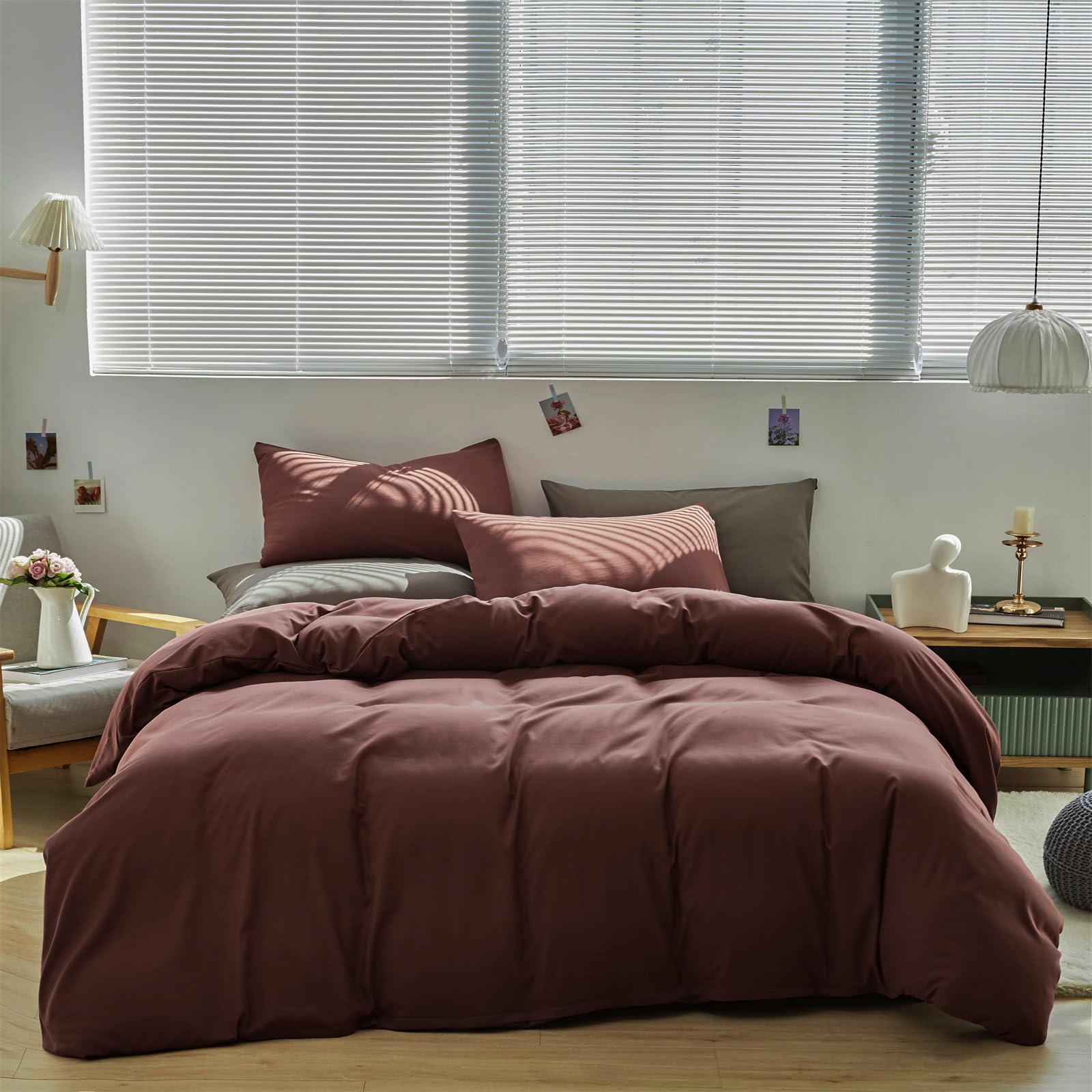 KAREVER King Size Brick Red Comforter Set - 3 Piece Clay Red Bedding Set with Brown Marsala Accents | Solid Dark Red Duvet Cover & Matching Pillowcases | Perfect for Women's & Girls' Bedrooms, Cozy Winter Nights, and Modern Home Decor