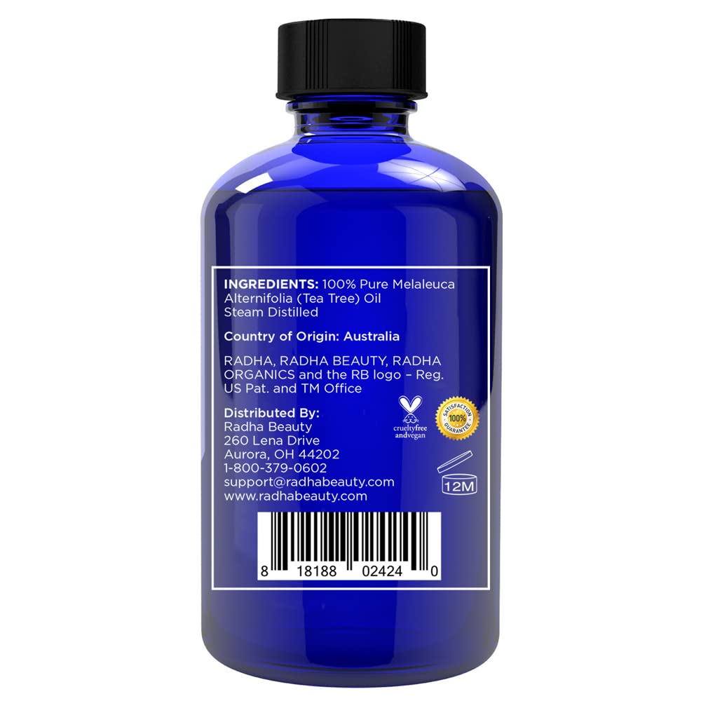 Radha Beauty 100% Pure Tea Tree Essential Oil 4 oz - Natural Therapeutic Grade for DIY Soaps, Shampoo, Body Wash & Aromatherapy - Perfect for Skin Care, Hair Growth & Relaxation