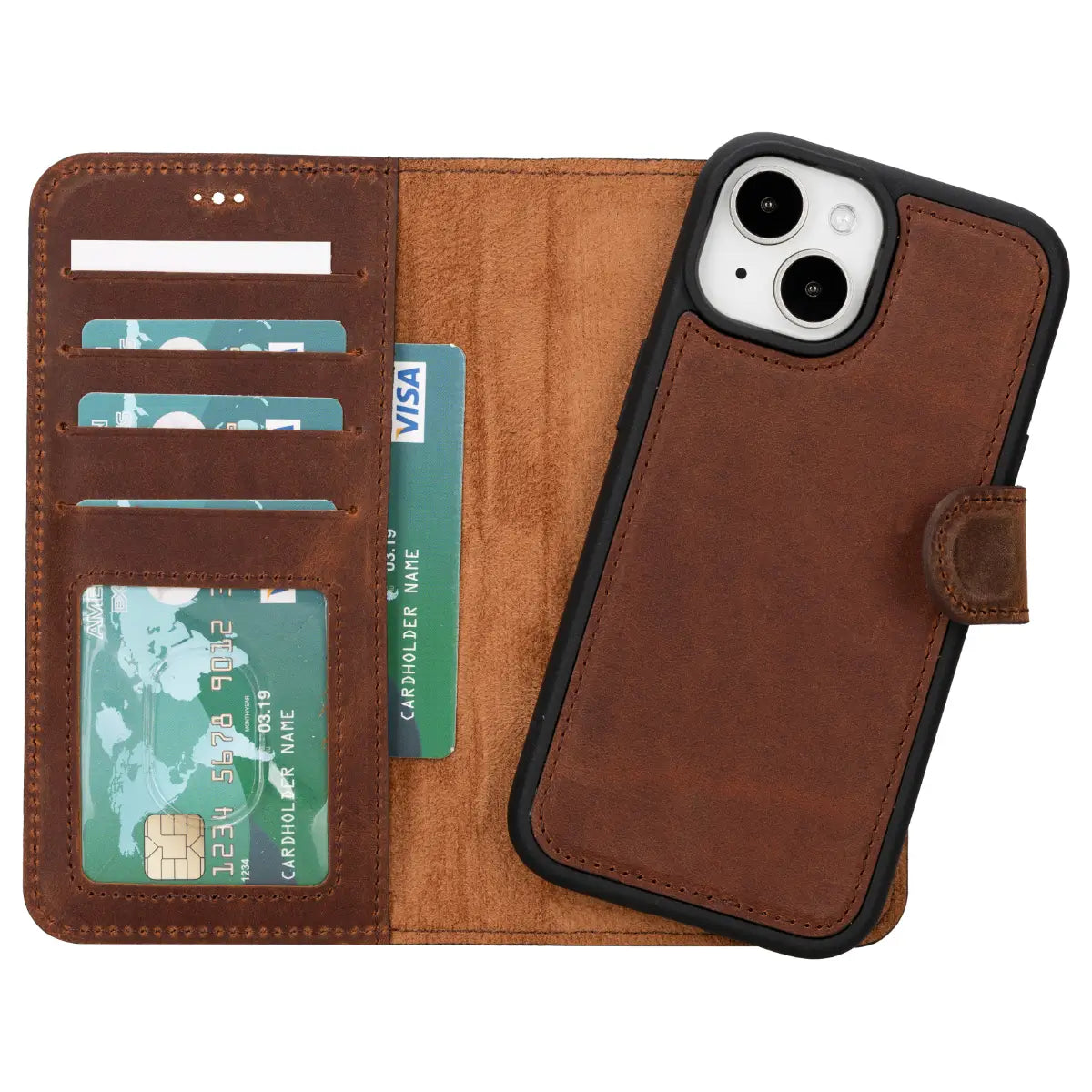 Vintage Brown Distressed Leather Wallet Case for iPhone 15 - Slim Protective Cover with Card Slots | Perfect for Everyday Use, Travel & Business (iPhone 15/15 Pro)
