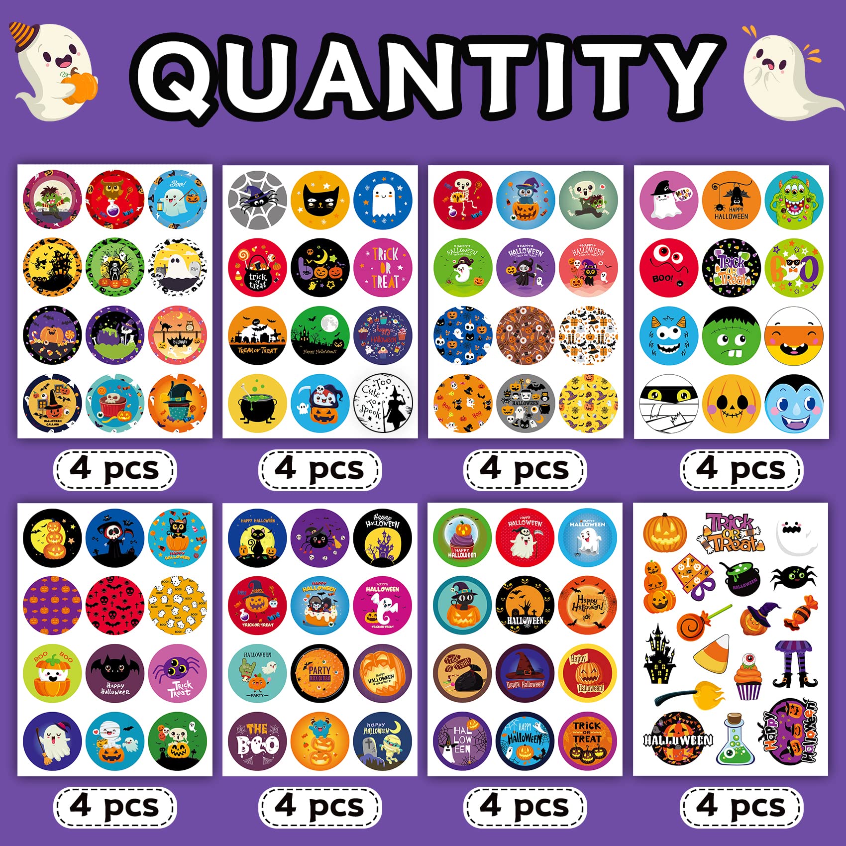 Funnlot Halloween Sticker Sheets - 32 Pack Round Halloween Stickers for Kids, Trick or Treat Stickers, Halloween Party Decorations - Perfect for Treat Bags, Pumpkin Decor, and Classroom Activities