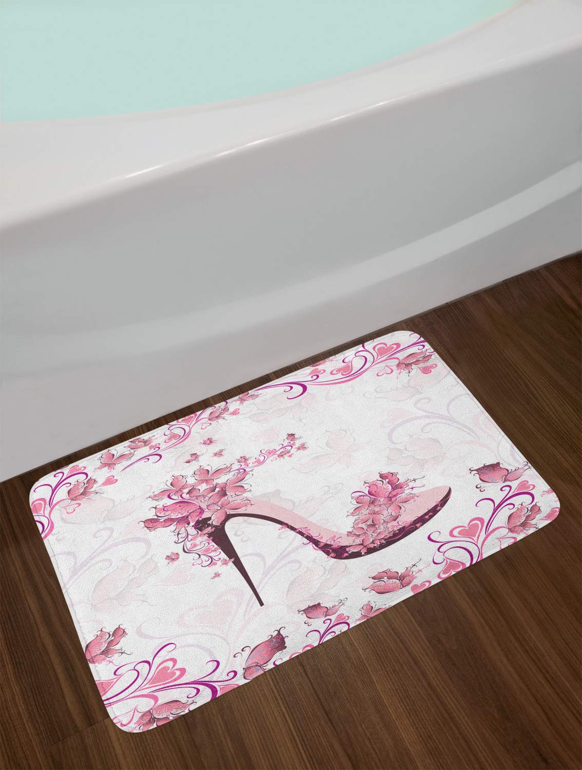 Lunarable Pink and White Bath Mat - Non-Slip Plush Bathroom Rug with Feminine Butterfly & Heart High Heel Shoe Pattern, 30.2 x 20 Inches, Pale Pink - Soft & Absorbent for Bathroom, Vanity, Dressing Room Decor