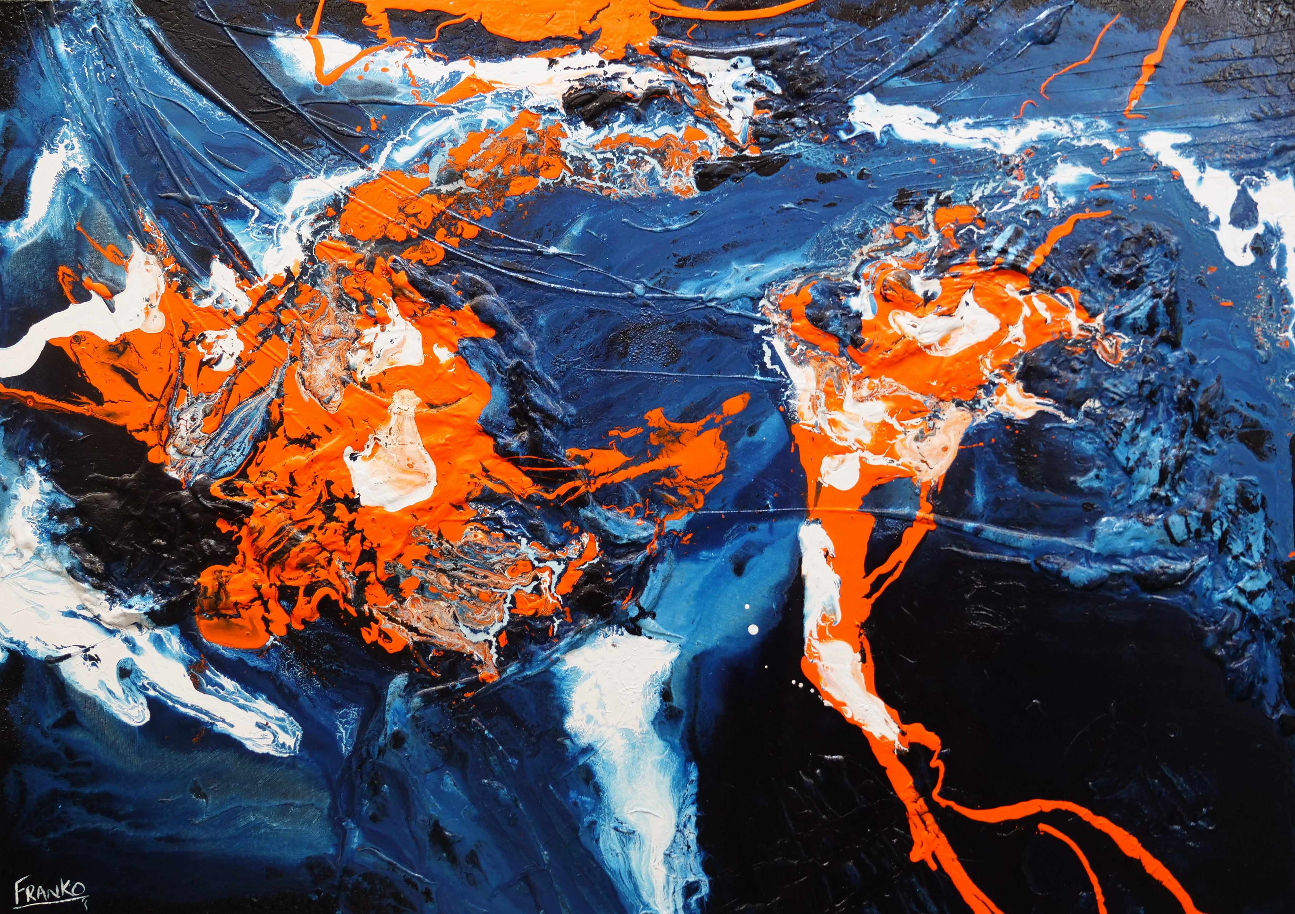 140cm x 100cm Orange Blue Textured Abstract Canvas Art Painting - Modern Wall Decor for Living Room, Bedroom, Office | Handmade Contemporary Artwork