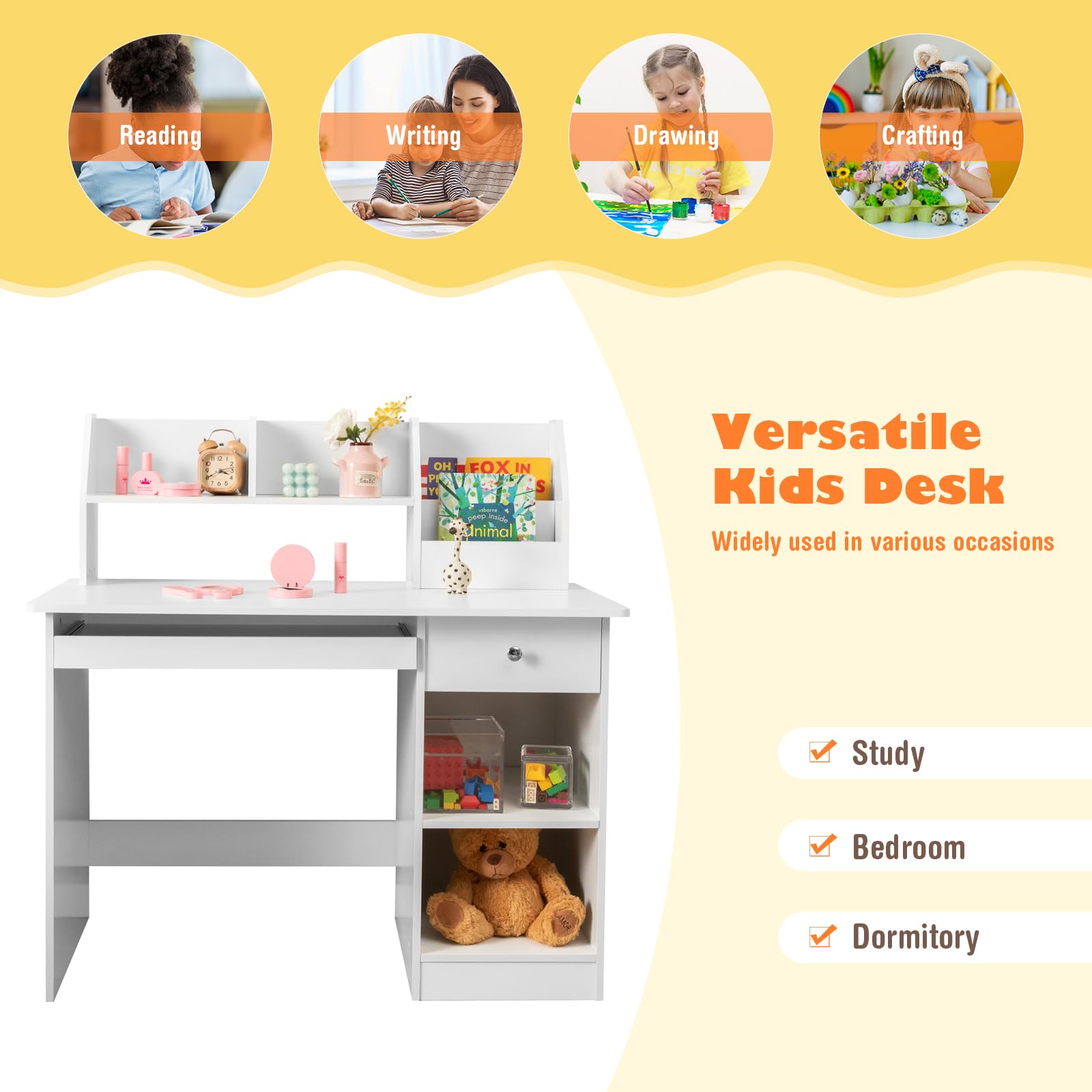 Costzon Kids Wooden Study Desk with Hutch, Storage Shelves & Keyboard Tray - White Children's Writing Workstation for Bedroom, School - Perfect Gift for Boys & Girls Ages 3+ | Ideal for Homework, Art Projects & Computer Learning