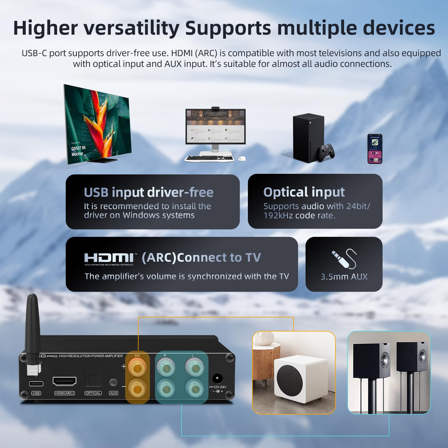 S.M.S.L A50 PRO Hi-Fi Power Amplifier with 2.1 Channel High/Low Pass Filter, Infineon MA12070P Chip, Bluetooth 5.0/USB/HDMI/AUX Inputs, Adjustable Bass Volume for Passive Subwoofer - Perfect for Home Theater & Audiophile Sound Systems