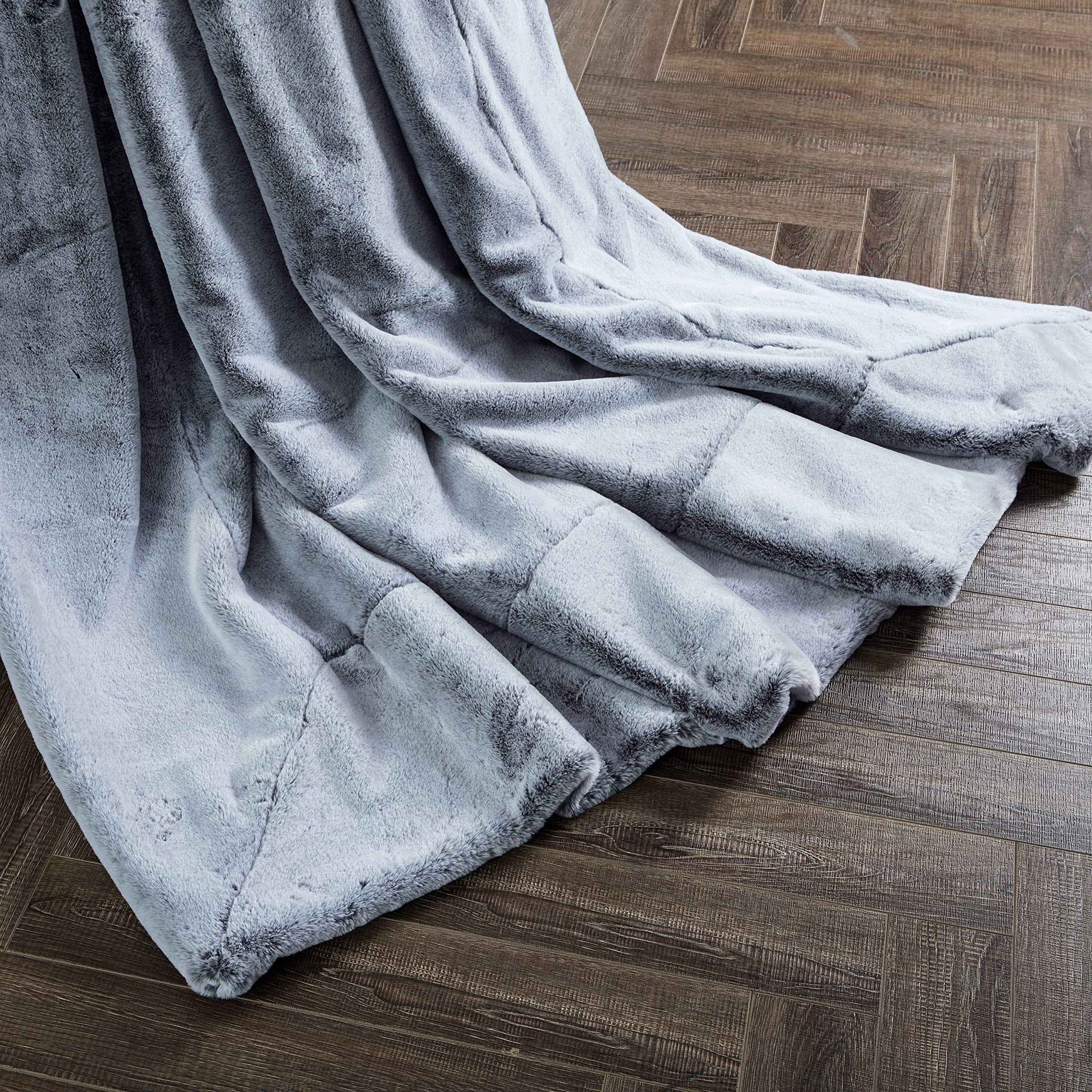 Double Sided Faux Fur Throw Blanket - Ultra Soft Oversized Afghan - Machine Washable Grey Striped Mink Chinchilla Style - Queen Size (Iced Dream) | Perfect for Sofa, Bed, Couch & Home Decor